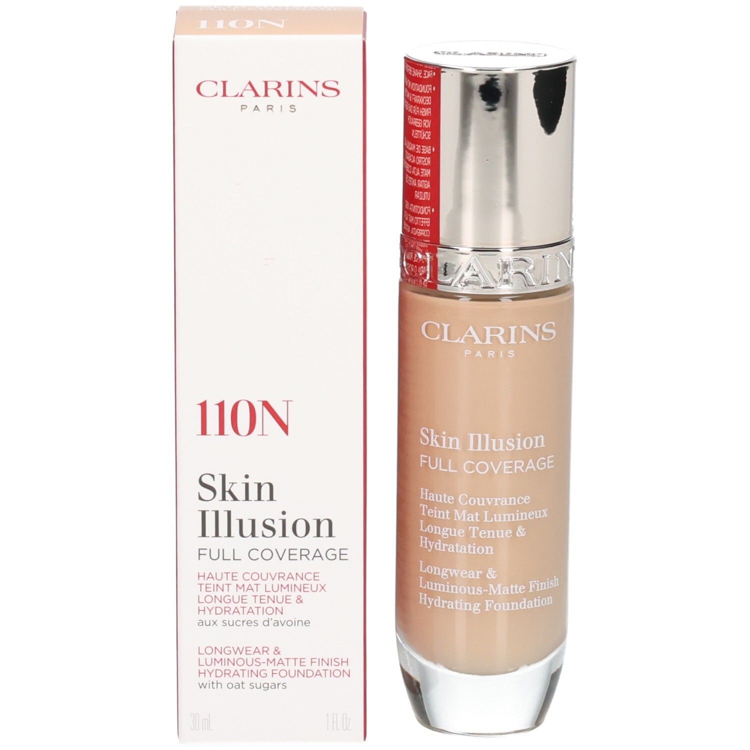 Clarins Skin Illusion Full Coverage Foundation und Karton, Vorderansicht.