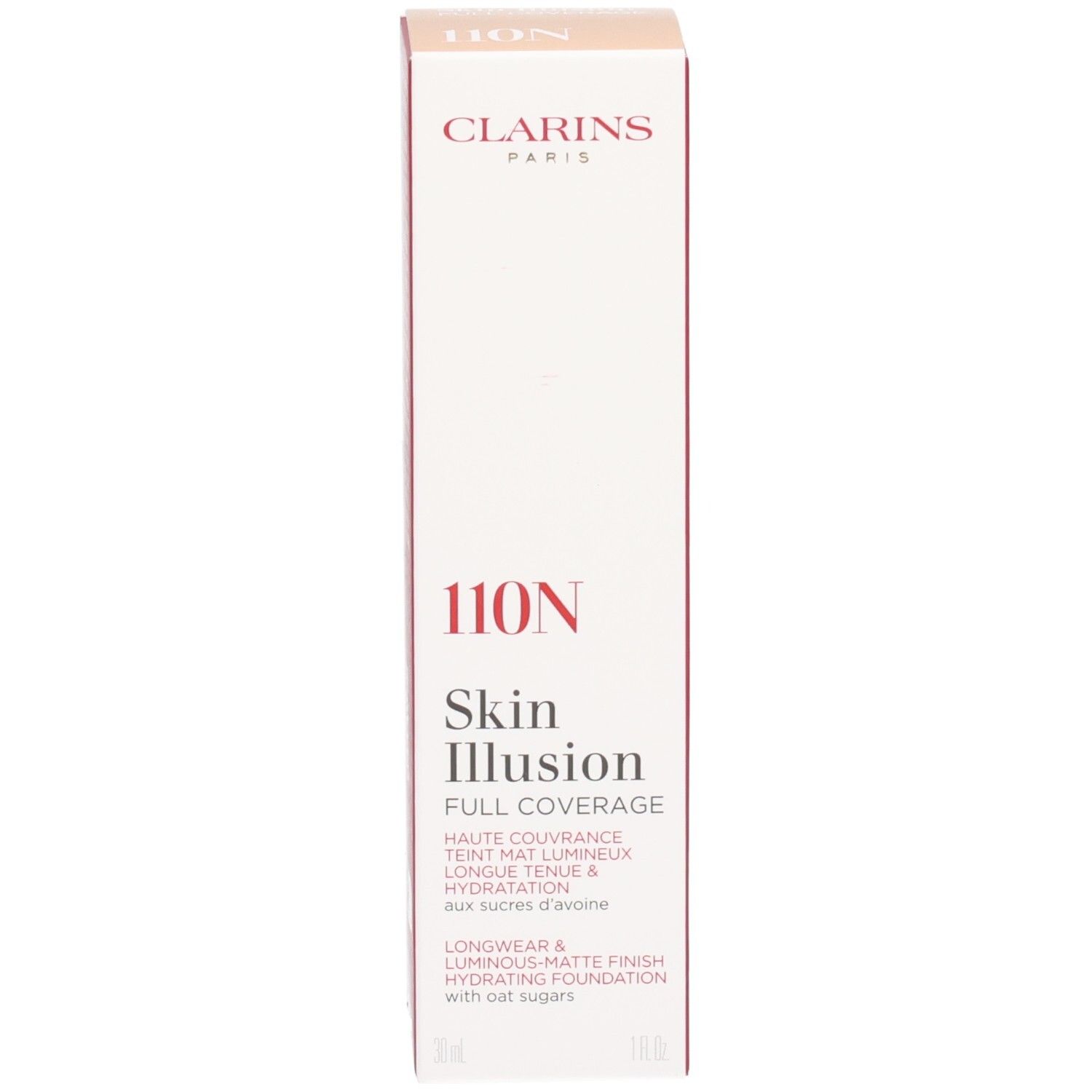 Clarins Skin Illusion Full Coverage Foundation Karton, Vorderseite mit Produktinformationen.