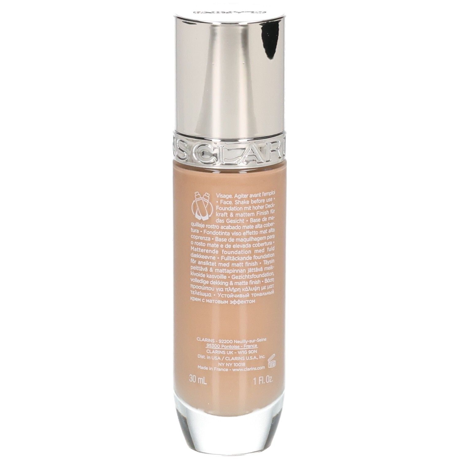 Clarins Skin Illusion Full Coverage Foundation, Seitenansicht der Flasche mit Details.