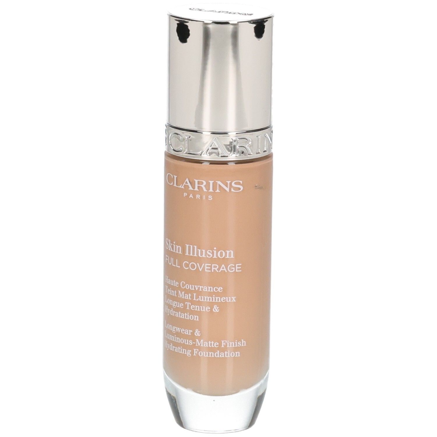 Clarins Skin Illusion Full Coverage Foundation, Flasche mit silbernem Spender.