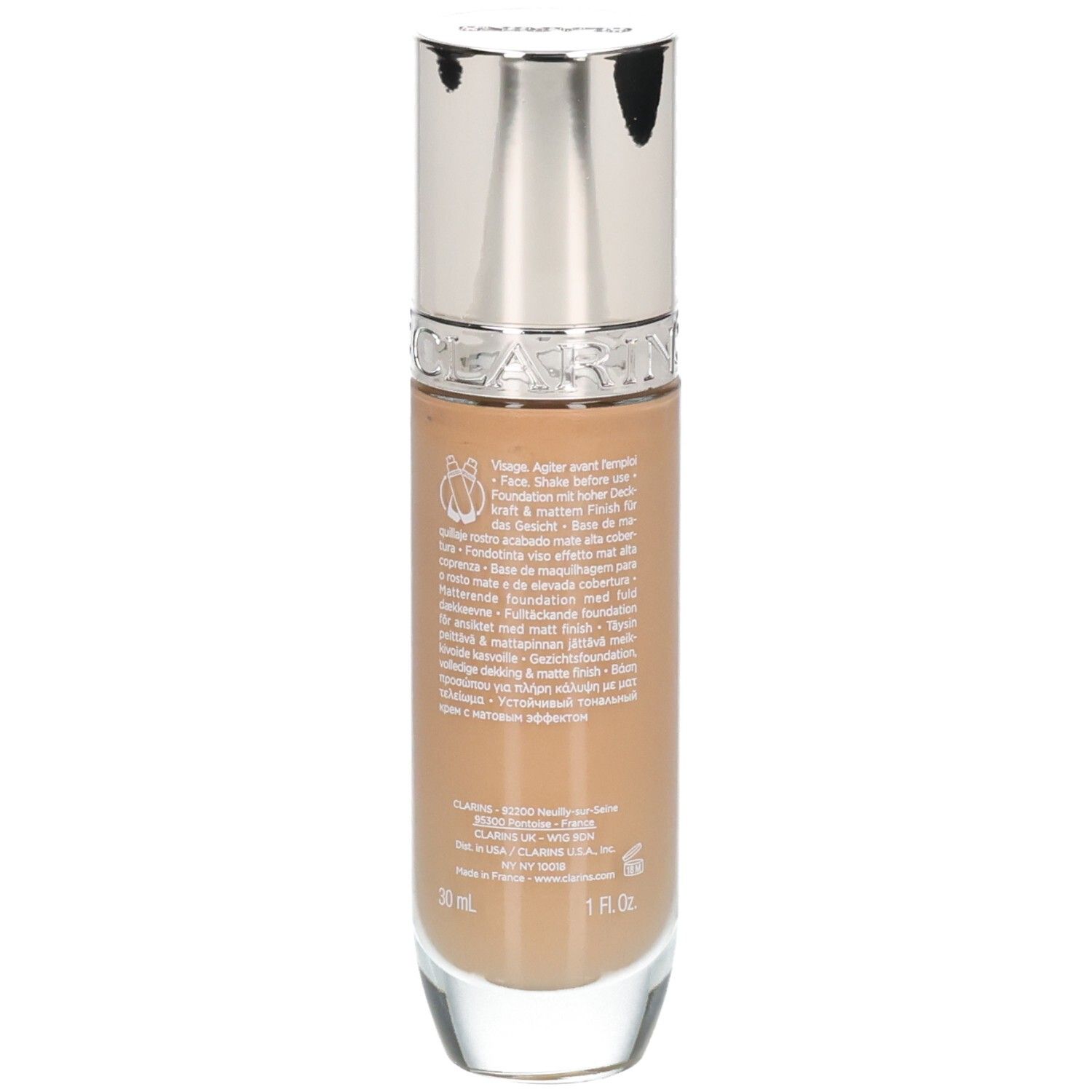 Clarins Skin Illusion Full Coverage Foundation, Rückseite der Flasche mit Text, Farbton 114N.