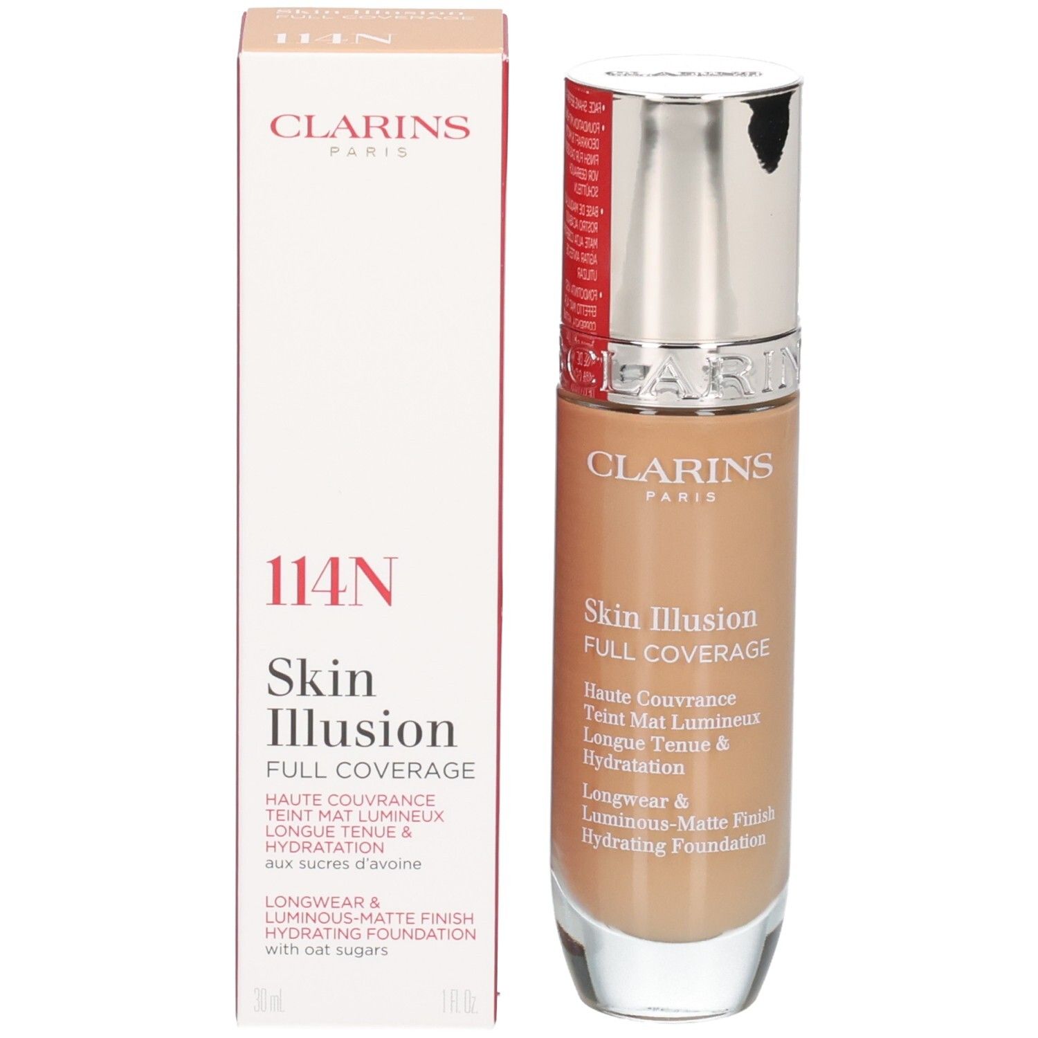 Clarins Skin Illusion Full Coverage Foundation 114N und Verpackung.