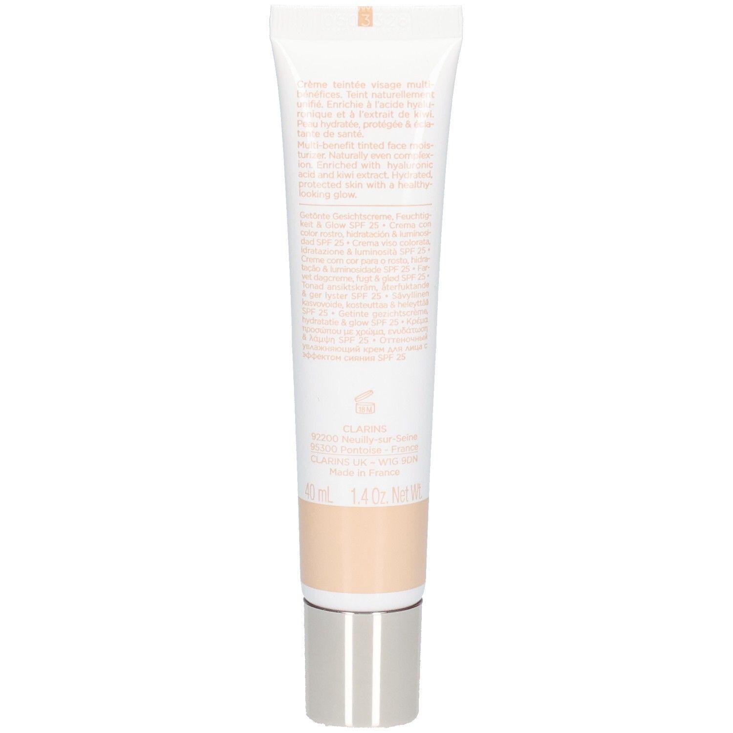 Clarins Foundation Tube, 40ml, mit silbernem Verschluss. Helle Hautfarbe.