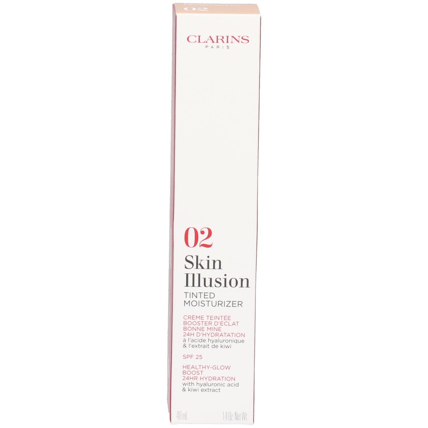 Clarins Skin Illusion, getönte Feuchtigkeitscreme, LSF 25, auf einer weißen Verpackung mit rosa Akzenten.