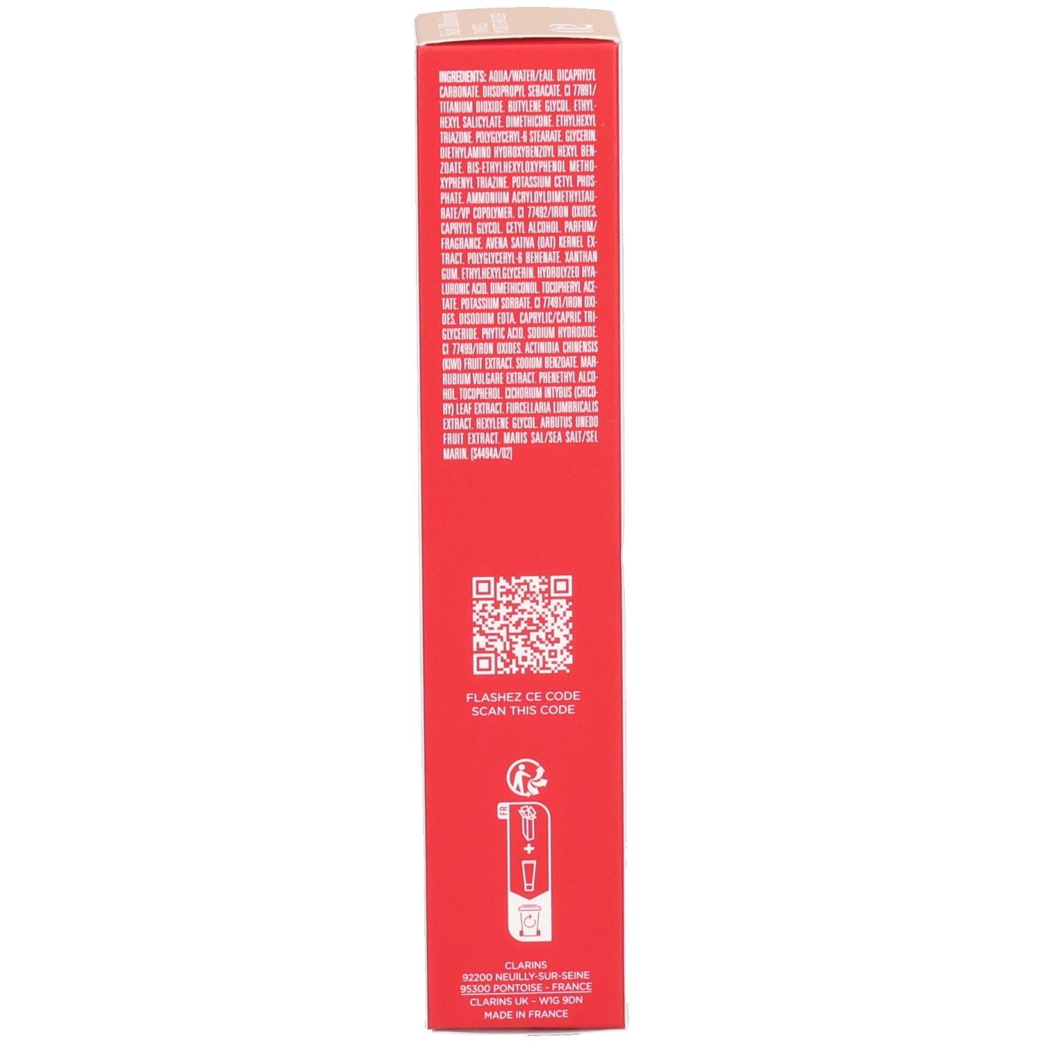 Rote Verpackung mit Inhaltsstoffen, QR-Code und Herstellerinformationen. Made in France.