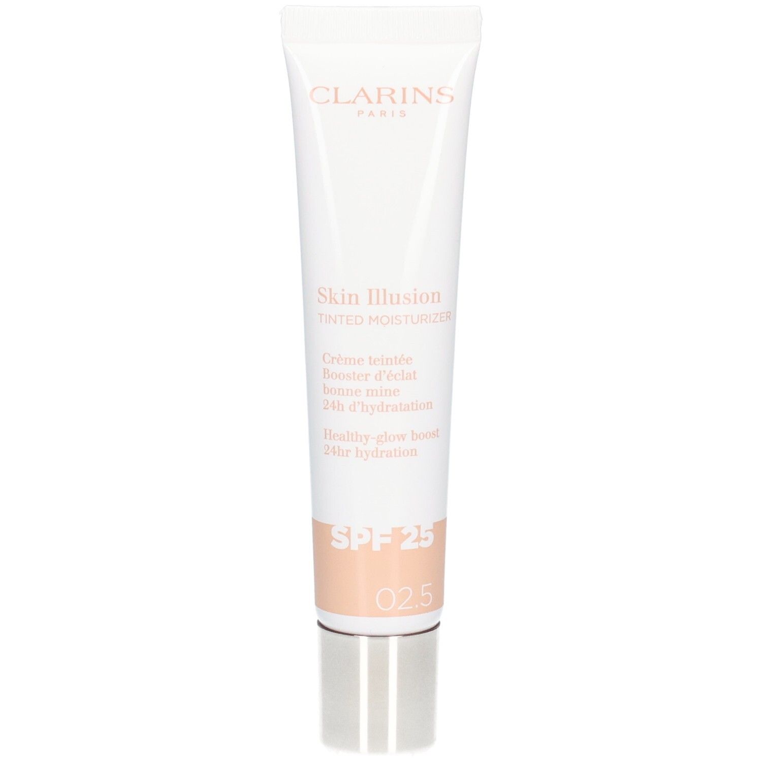 Clarins Skin Illusion getönte Feuchtigkeitscreme SPF 25, Farbton 025. Weiße Tube mit silbernem Verschluss.