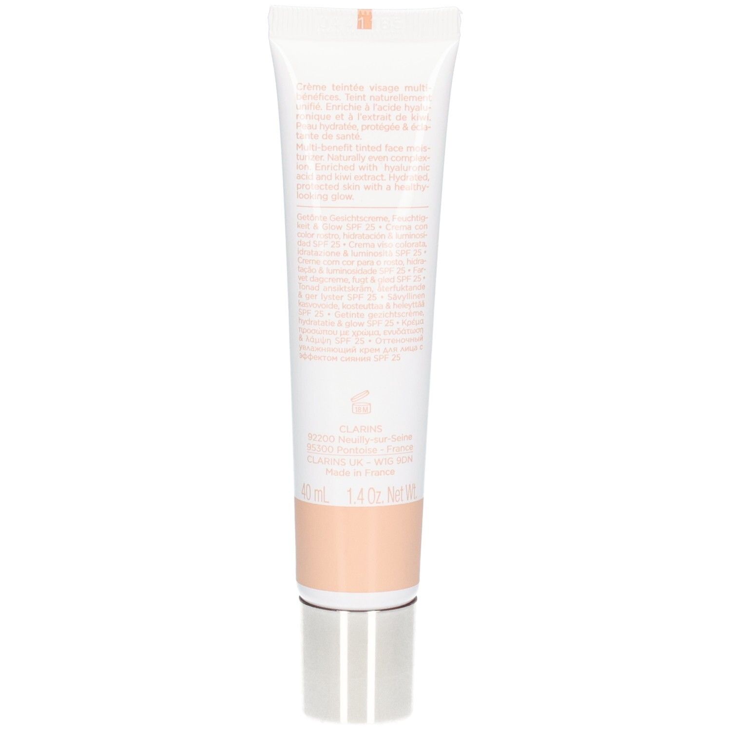 Rückseite der Clarins Skin Illusion getönten Feuchtigkeitscreme SPF 25 Tube mit Inhaltsstoffen und Volumenangabe.