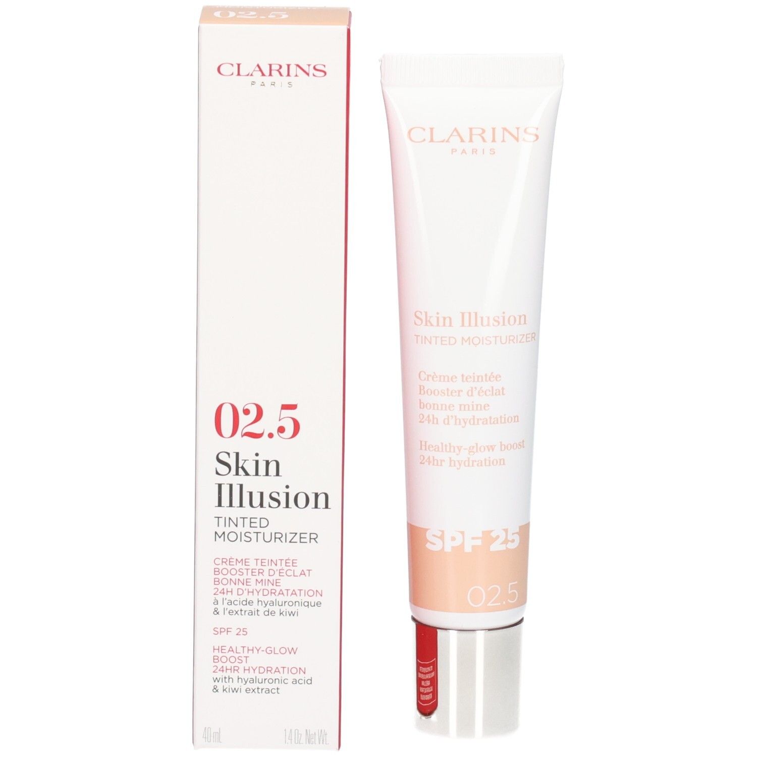 Clarins Skin Illusion getönte Feuchtigkeitscreme SPF 25, Farbton 025, neben der Verpackung.