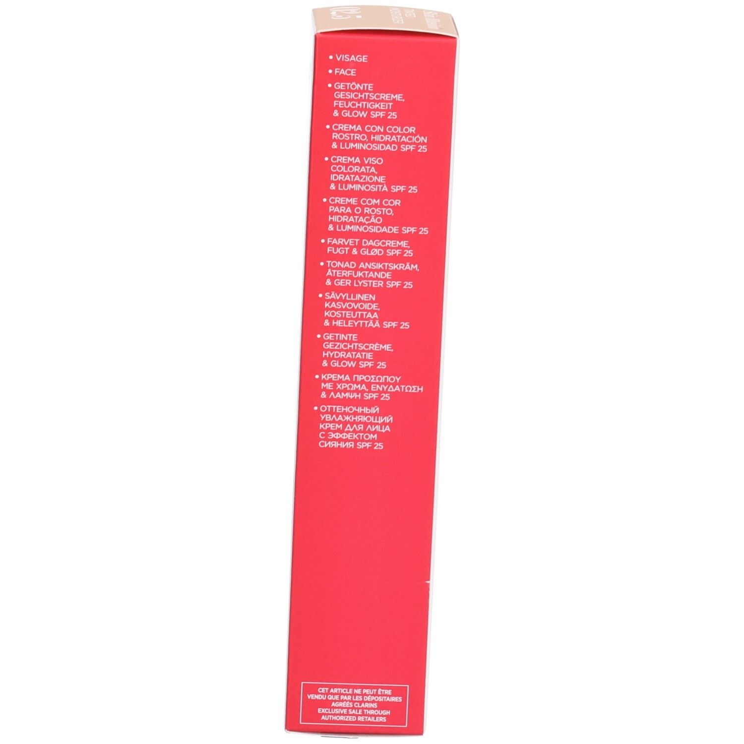 Seite der Clarins Skin Illusion Verpackung mit Produktnamen in mehreren Sprachen.