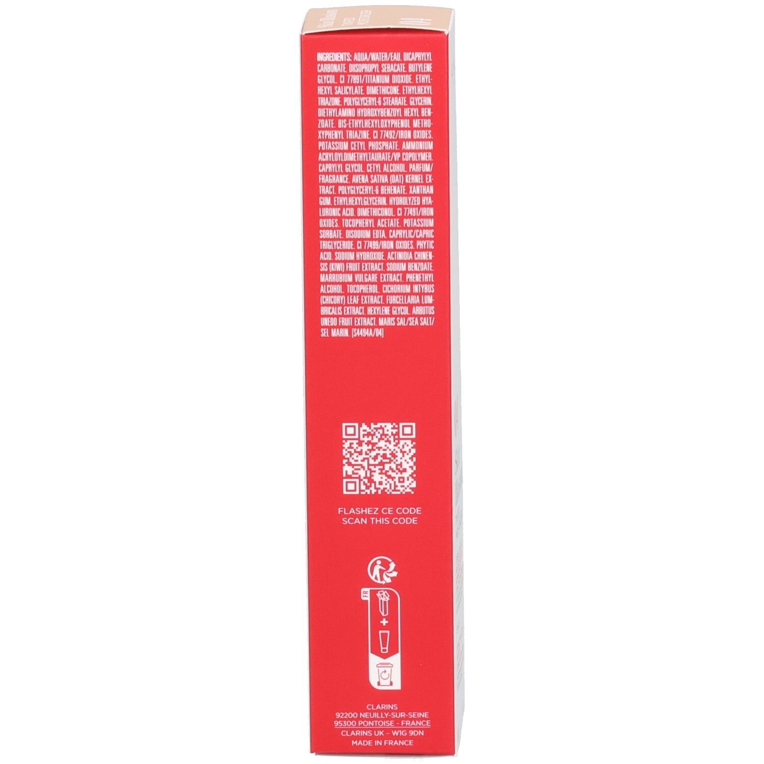 Seitenansicht der Clarins Skin Illusion getönten Feuchtigkeitscreme-Verpackung mit Inhaltsstoffen.