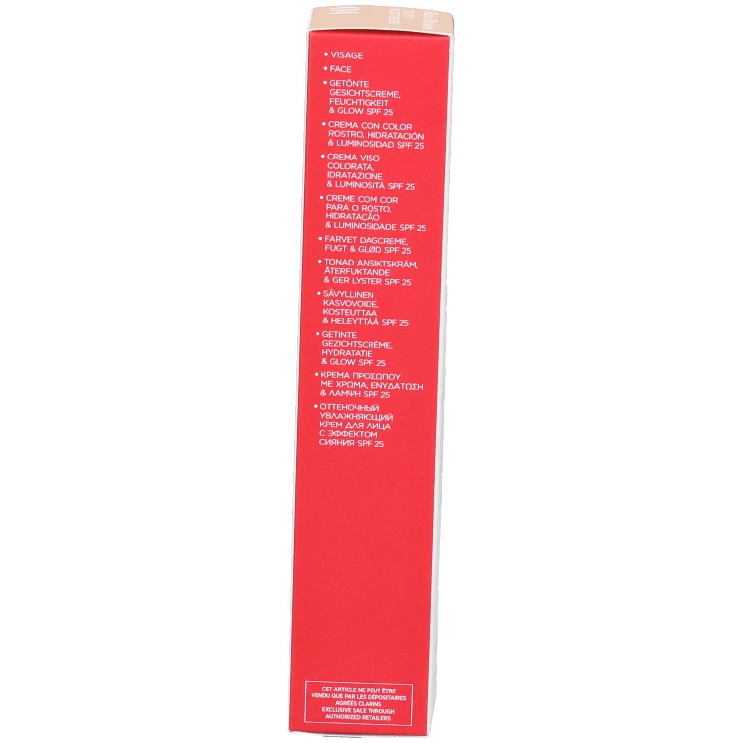 Seitenansicht der Clarins Skin Illusion getönten Feuchtigkeitscreme-Verpackung mit Anwendungsbereichen.