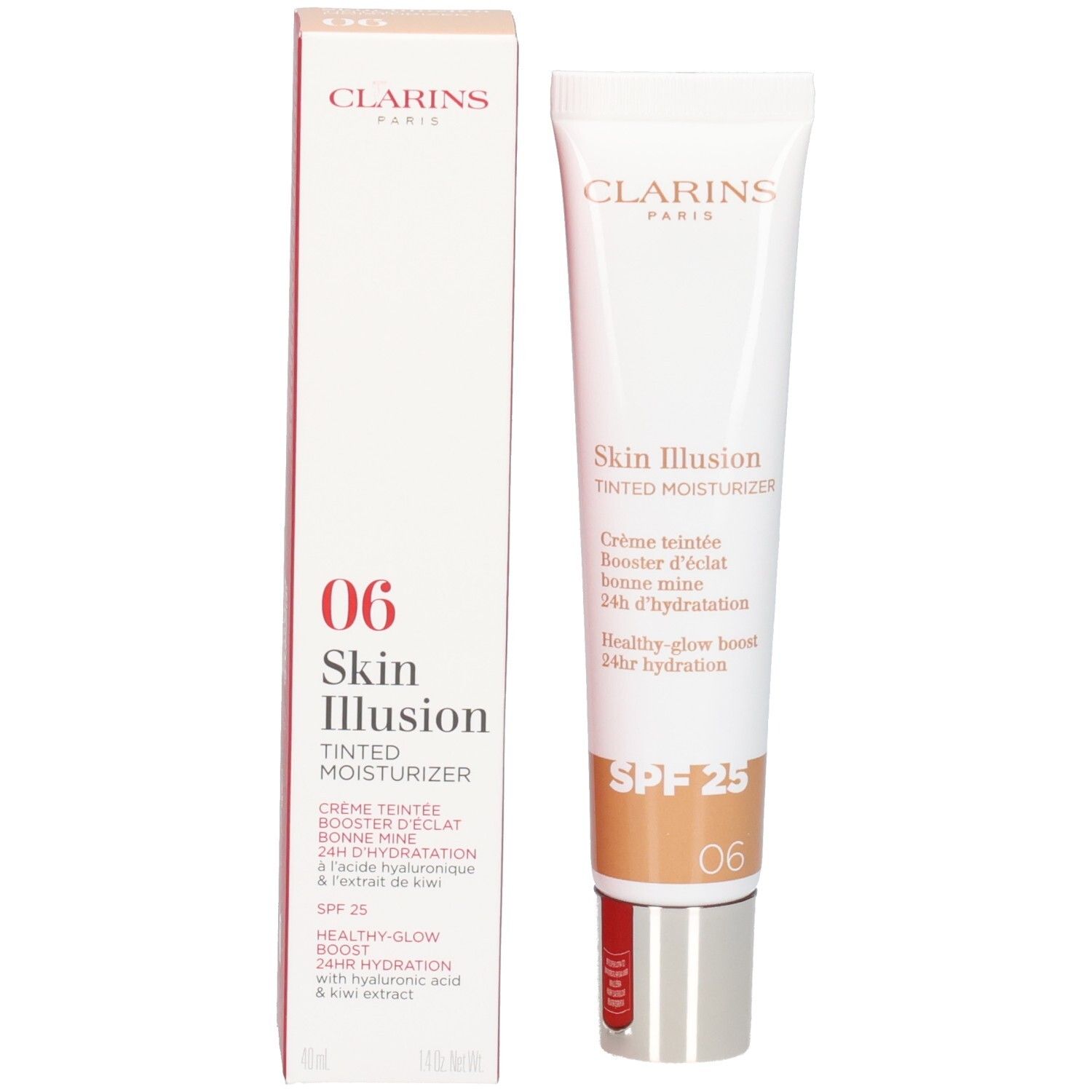 Clarins Skin Illusion getönte Feuchtigkeitscreme SPF 25, Farbton 06, mit Verpackung.
