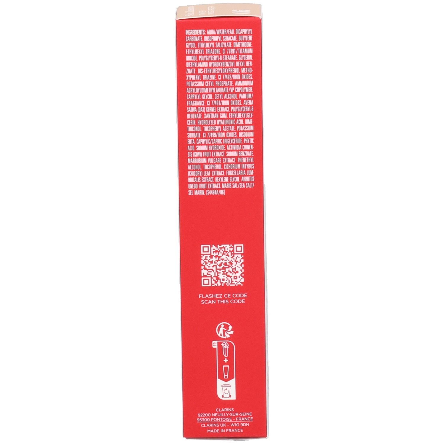 Seitenansicht der Clarins Skin Illusion getönten Feuchtigkeitscreme SPF 25 Verpackung mit Inhaltsstoffen.