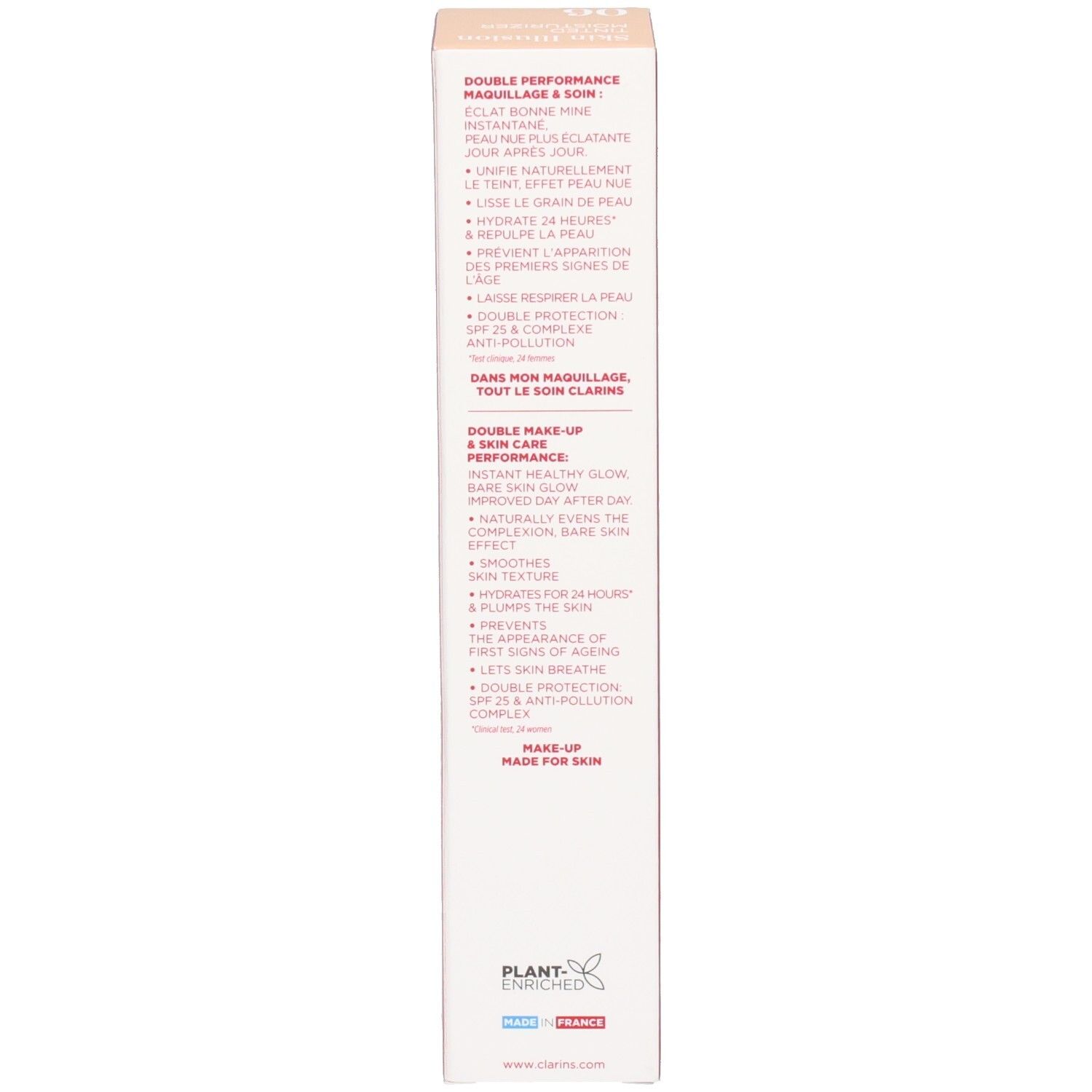 Seitenansicht der Clarins Skin Illusion getönten Feuchtigkeitscreme SPF 25 Verpackung mit Produktvorteilen.