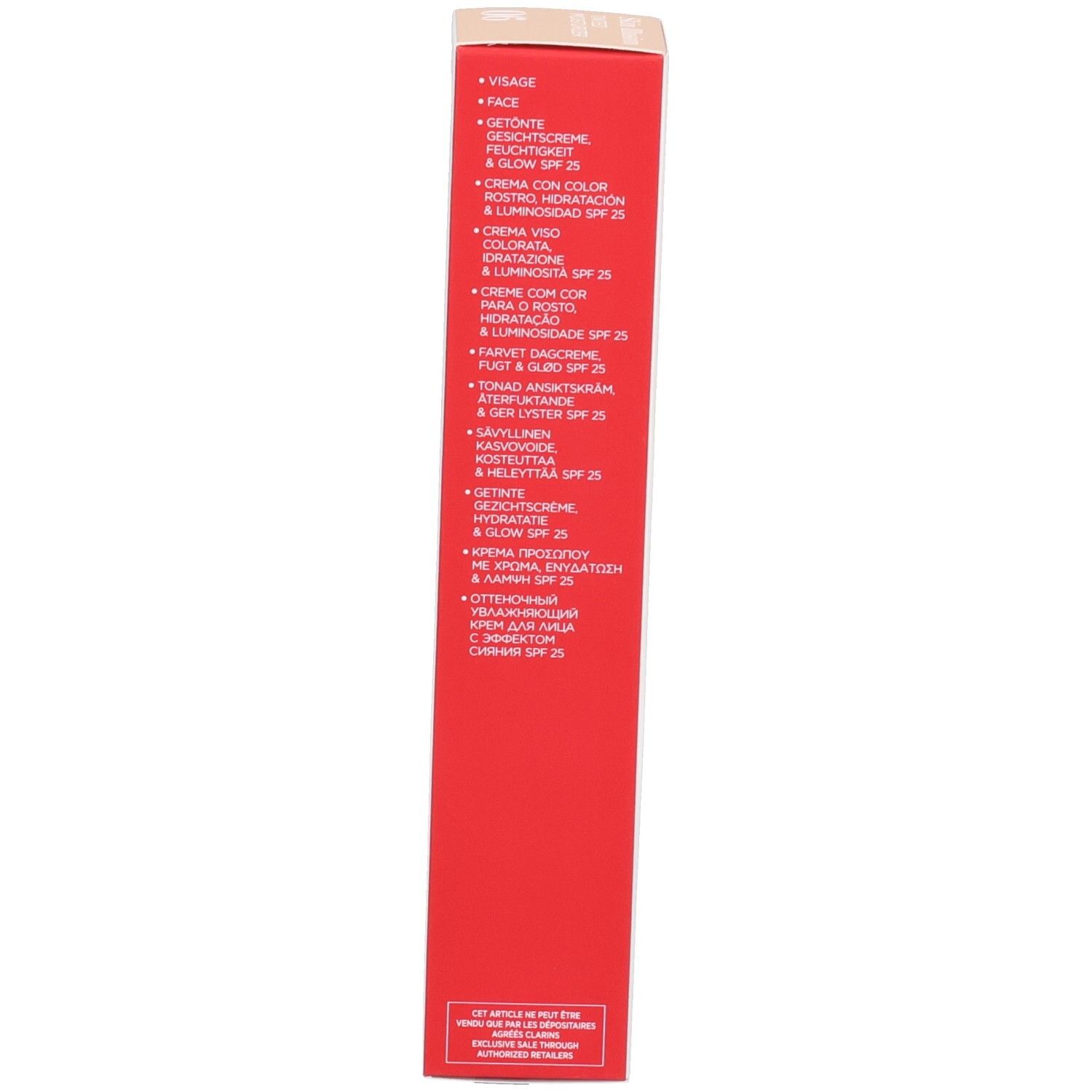 Seitenansicht der Clarins Skin Illusion getönten Feuchtigkeitscreme SPF 25 Verpackung mit mehrsprachigen Produktinformationen.