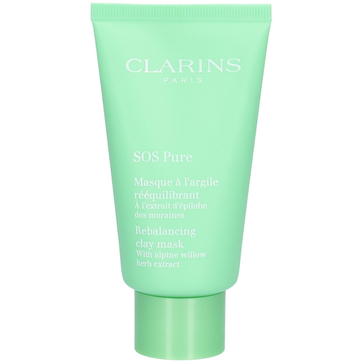 Clarins SOS Pure Gesichtsmaske und ihre Verpackung, mintgrüne Tube und weiße Box.