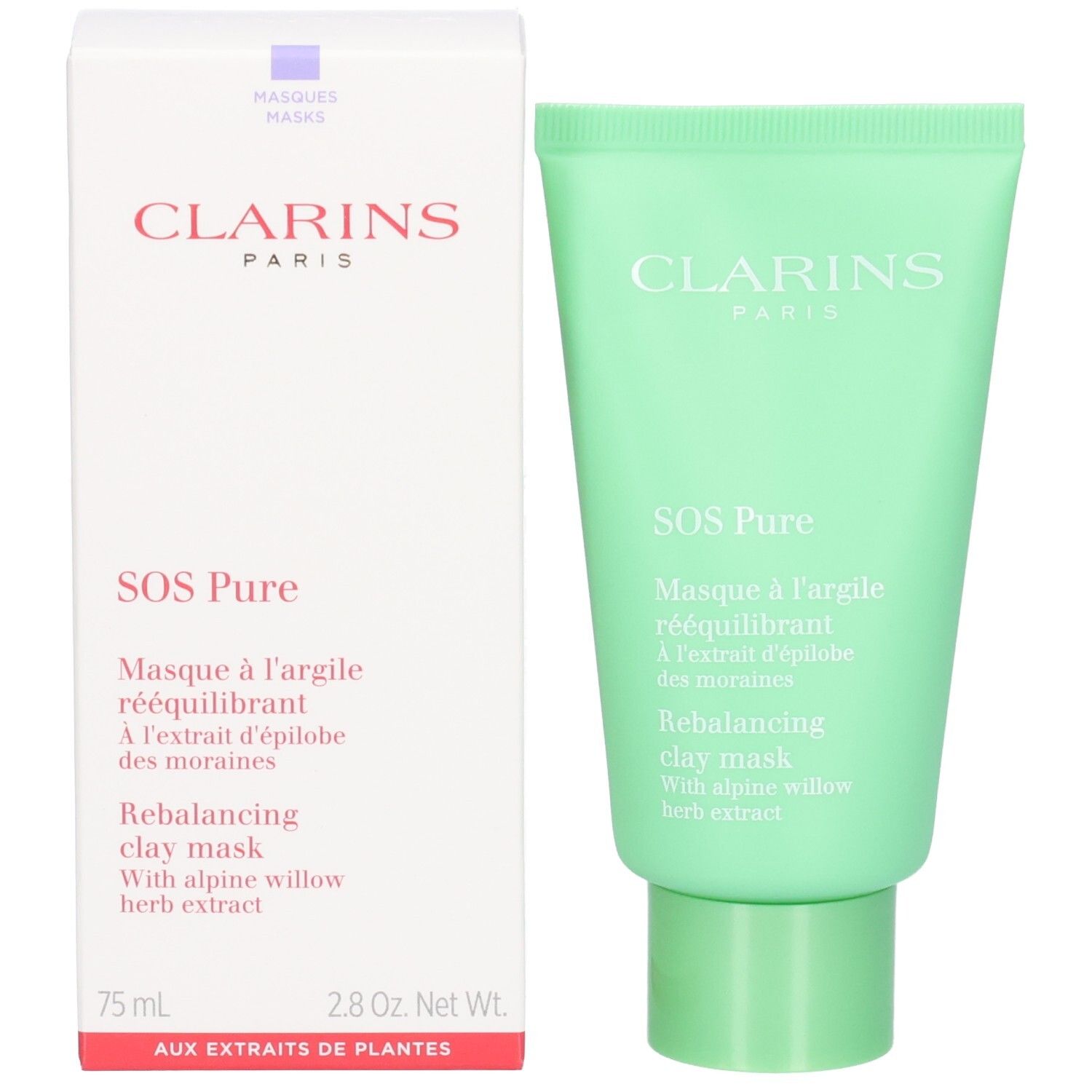 Clarins SOS Pure Gesichtsmaske, Rückseite der mintgrünen Tube mit Anwendungshinweisen.