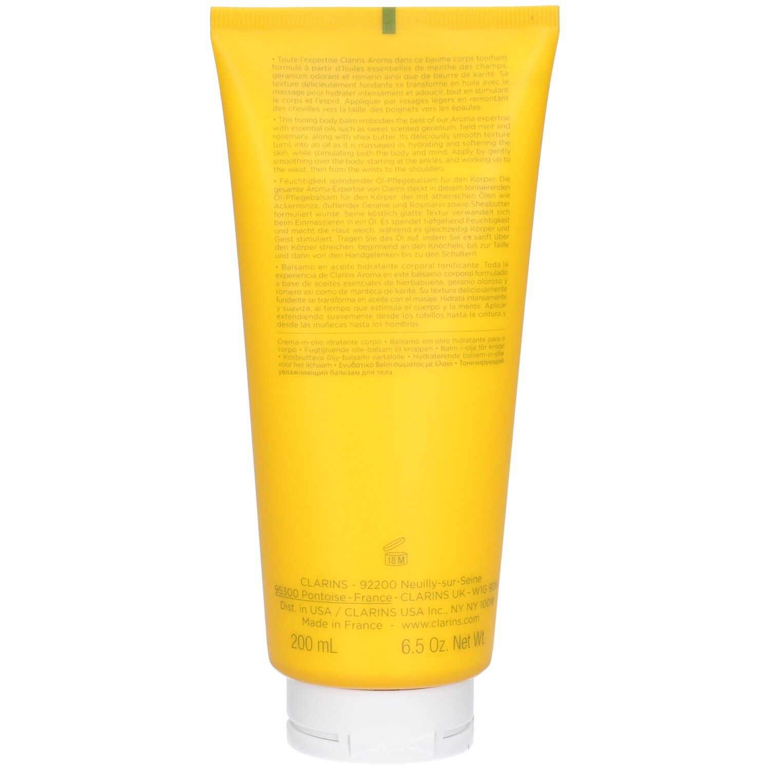 Rückseite einer Clarins Tonic Hydrating Oil-Balm Tube mit Produktinformationen.