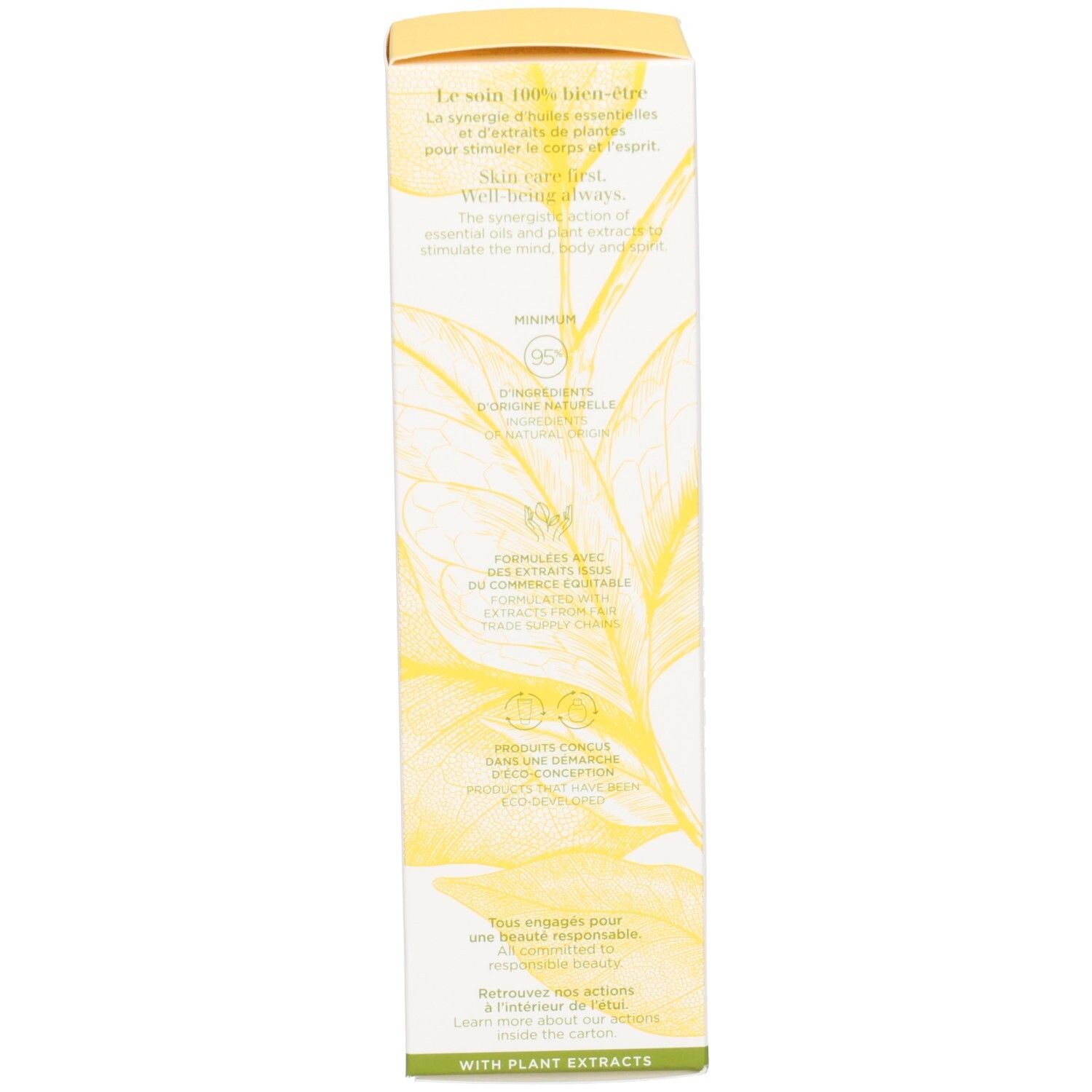 Seite der Clarins Tonic Hydrating Oil-Balm Verpackung mit Blattmotiv und Text.