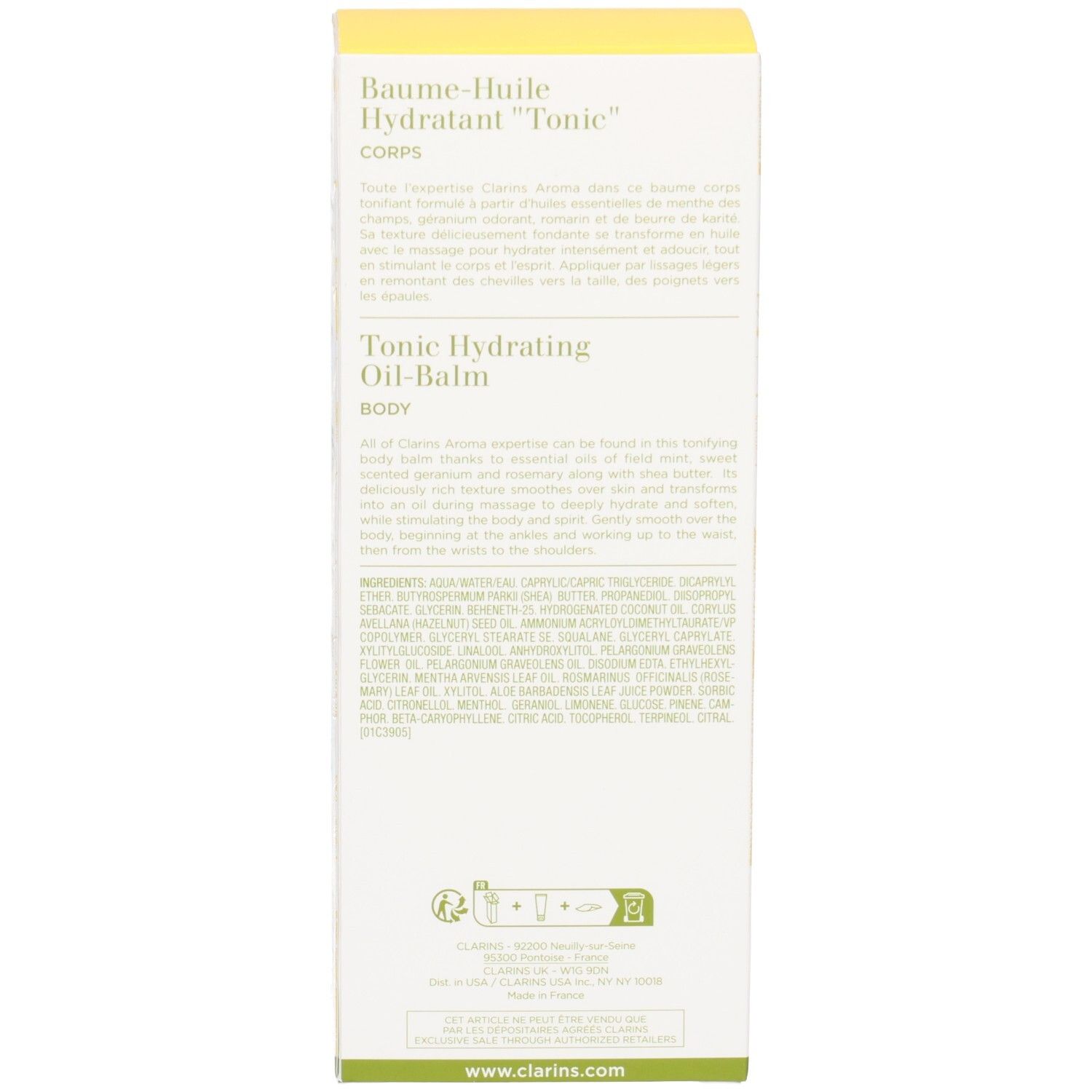 Rückseite der Clarins Tonic Hydrating Oil-Balm Verpackung mit detailliertem Text.