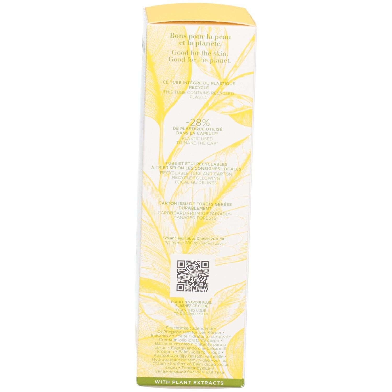 Seite der Clarins Tonic Hydrating Oil-Balm Verpackung mit QR-Code und Text.