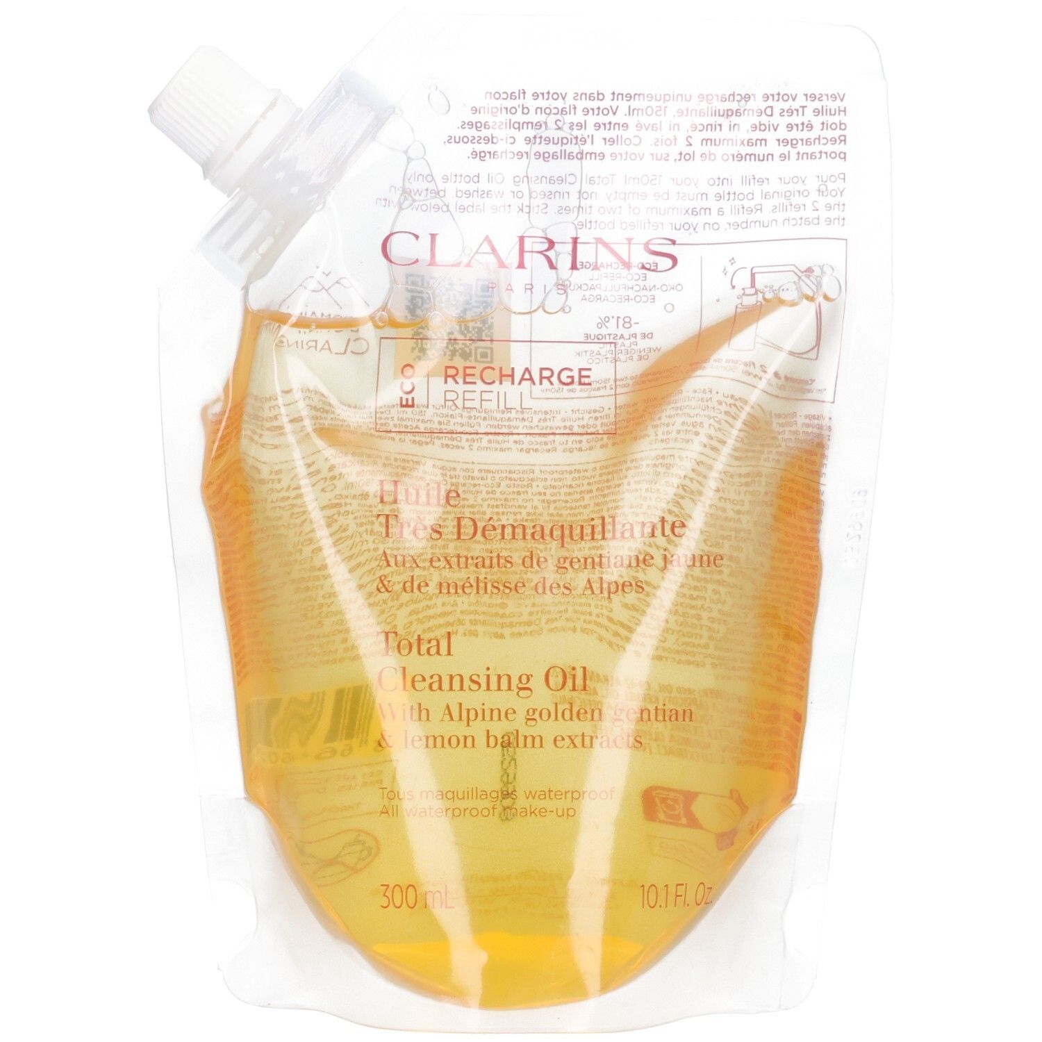 Clarins Nachfüllpackung für Reinigungsöl. Transparenter Beutel mit gelbem Öl und weißem Verschluss.