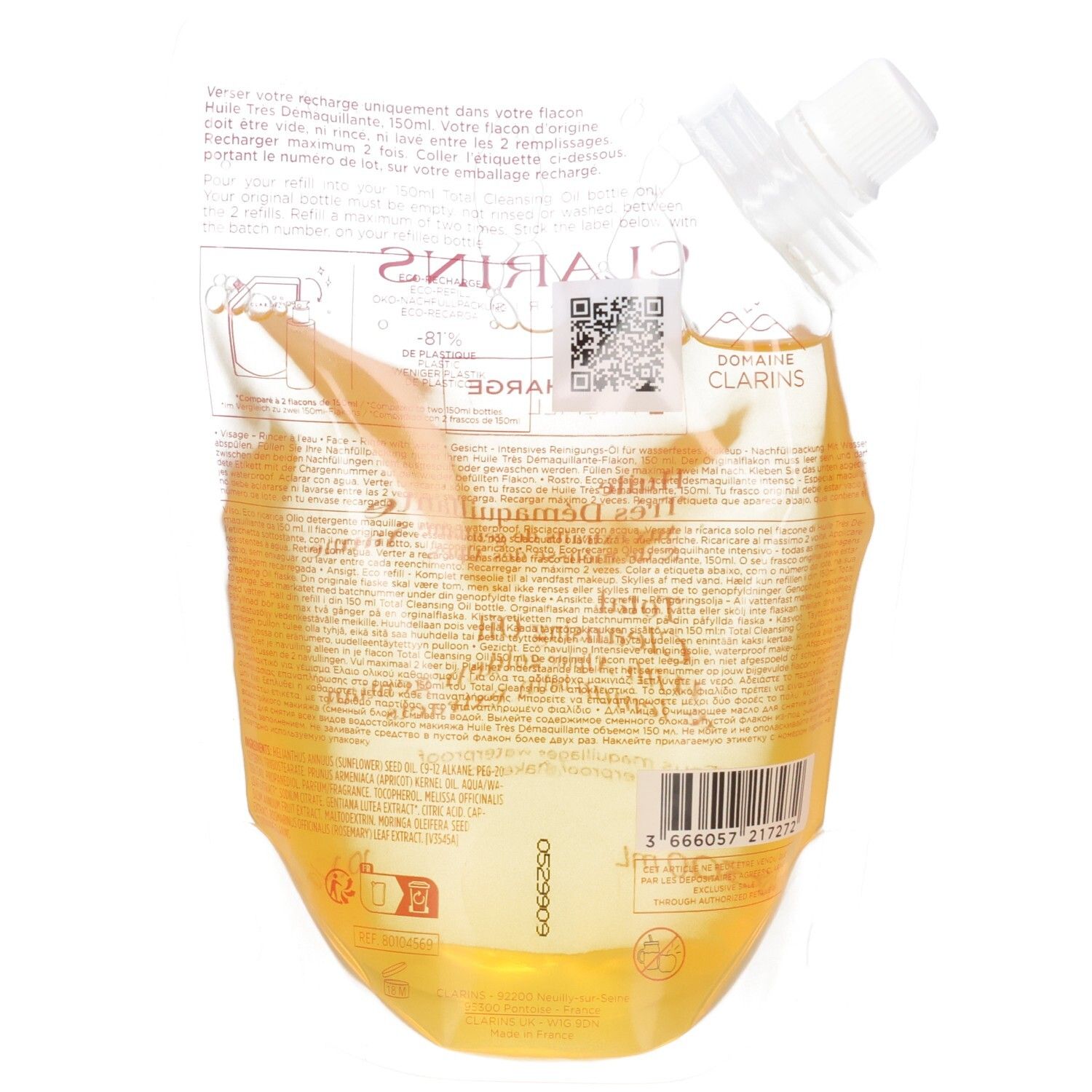 Clarins Nachfüllpackung für Reinigungsöl. Rückseite mit Produktinformationen und Barcode. Transparenter Beutel mit gelbem Öl.
