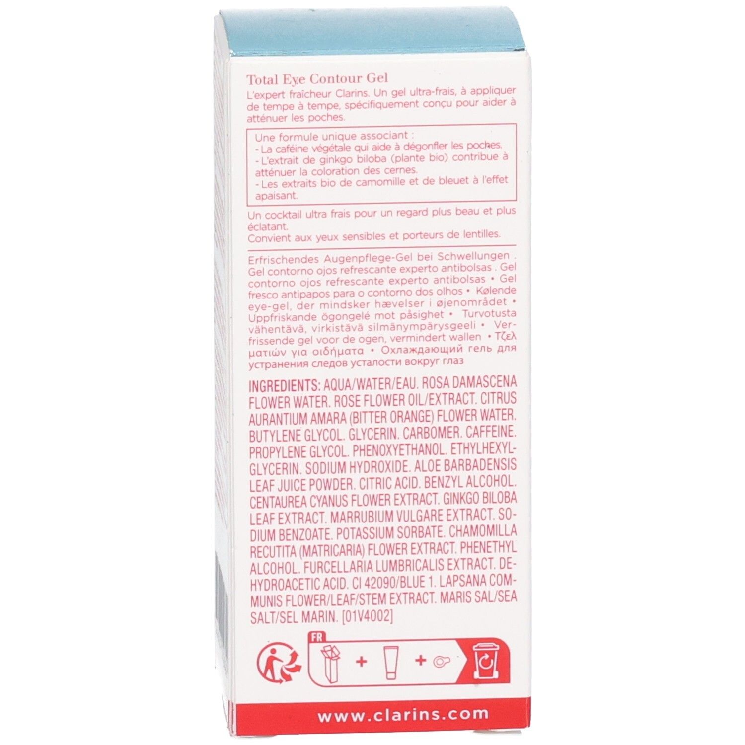 Clarins Total Eye Contour Gel Verpackung Seite mit Inhaltsstoffen