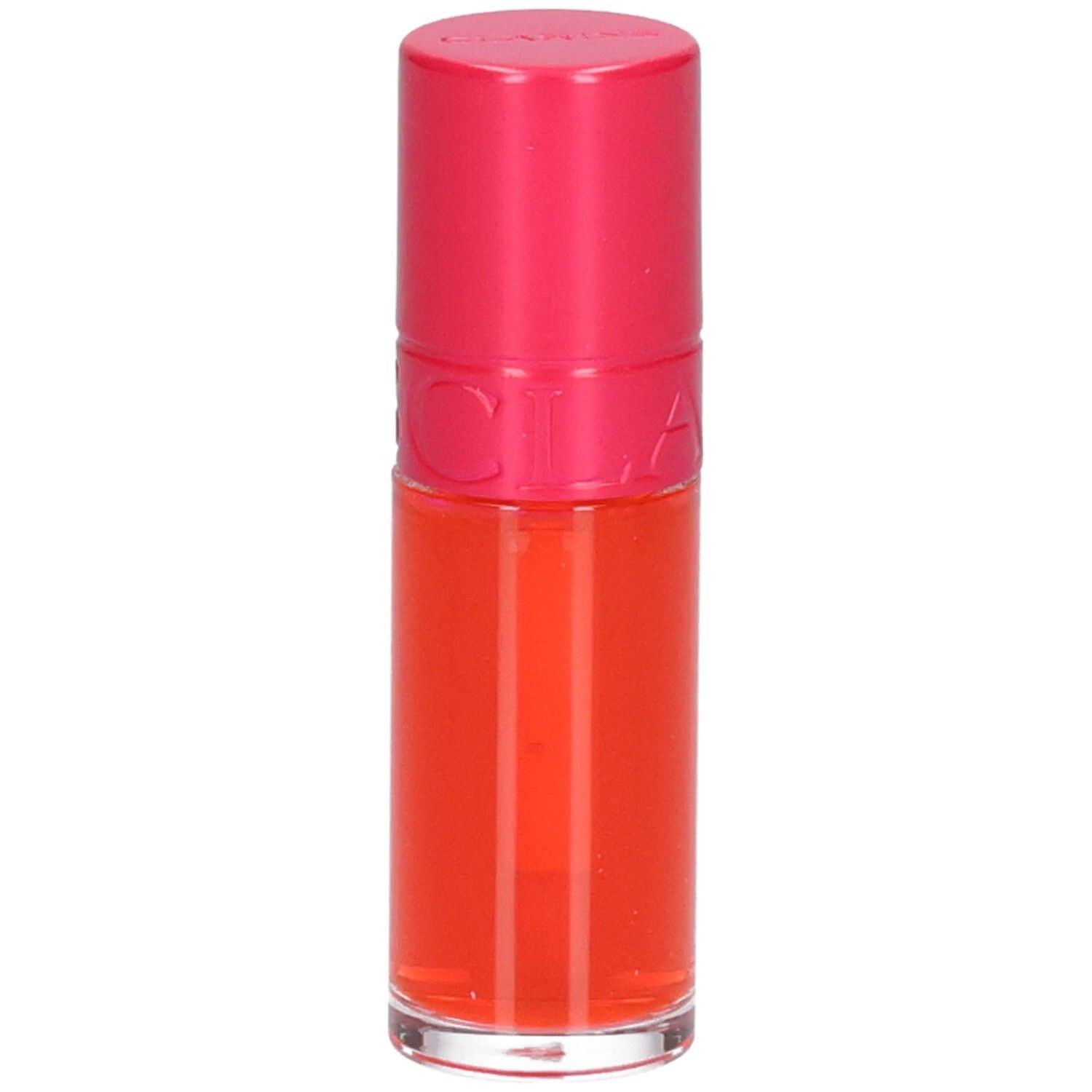 Clarins Eau à Lèvres 01, Lippenstift in leuchtendem Orange, mit pinkem Deckel.