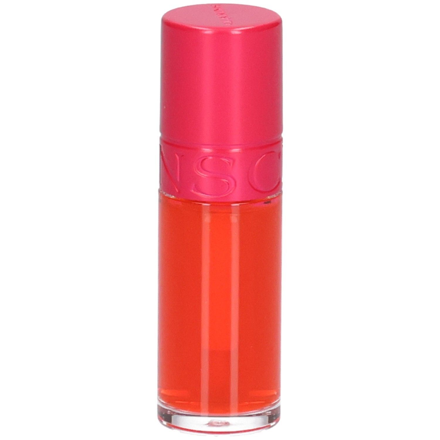 Clarins Eau à Lèvres 01, Lippenstift in leuchtendem Orange, mit pinkem Deckel.