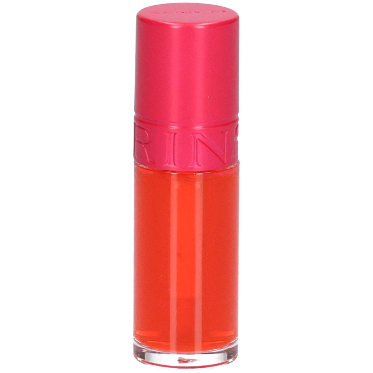 Clarins Eau à Lèvres 01, Lippenstift in leuchtendem Orange, mit pinkem Deckel.