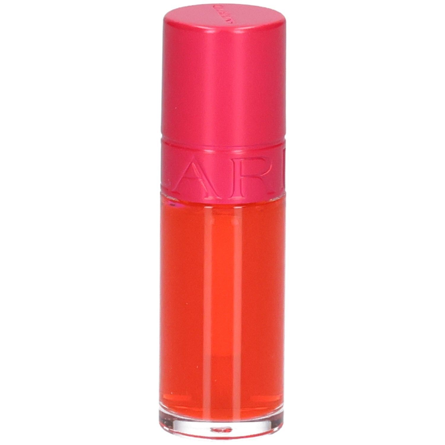 Clarins Eau à Lèvres 01, Lippenstift in leuchtendem Orange, mit pinkem Deckel.