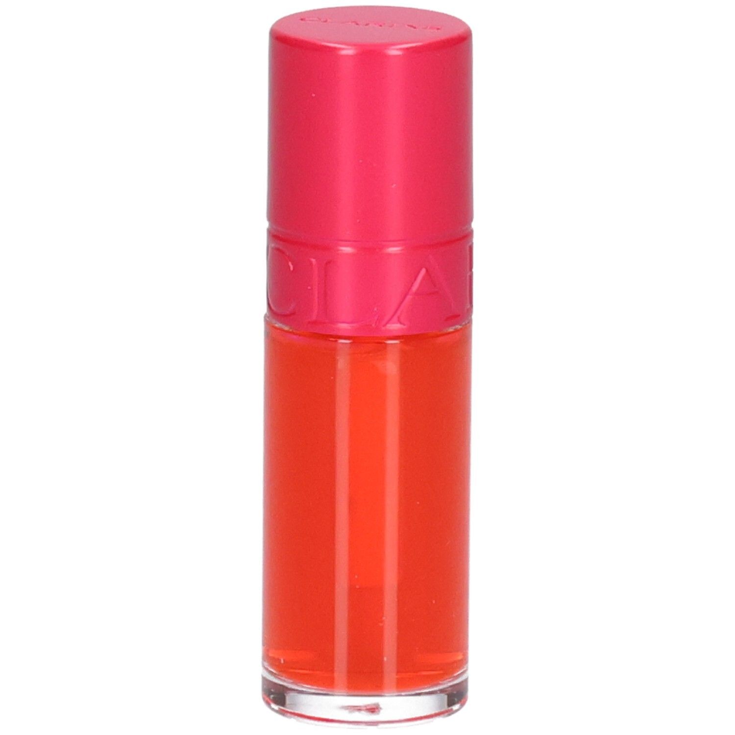 Clarins Eau à Lèvres 01, Lippenstift in leuchtendem Orange, mit pinkem Deckel.