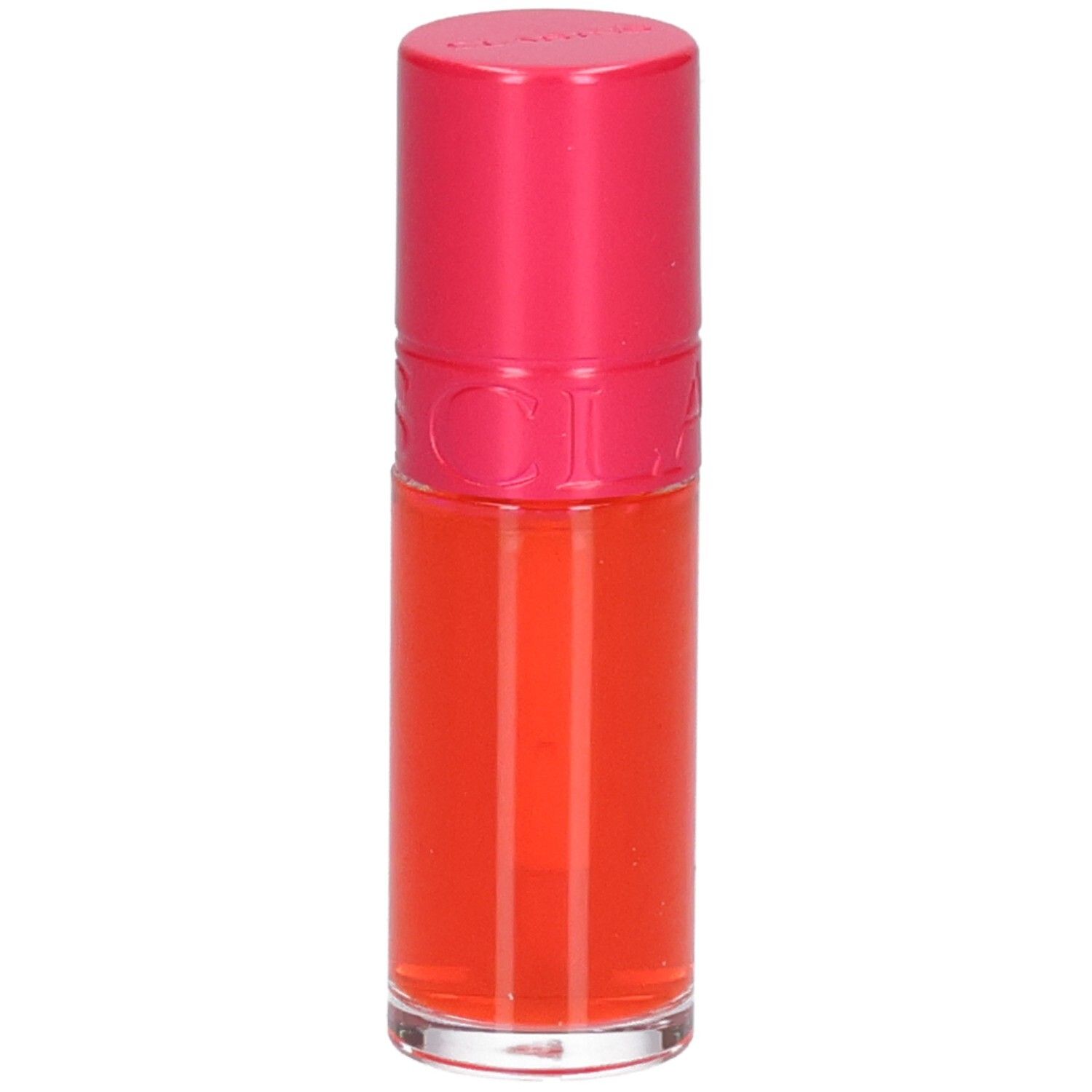 Clarins Eau à Lèvres 01, Lippenstift in leuchtendem Orange, mit pinkem Deckel.