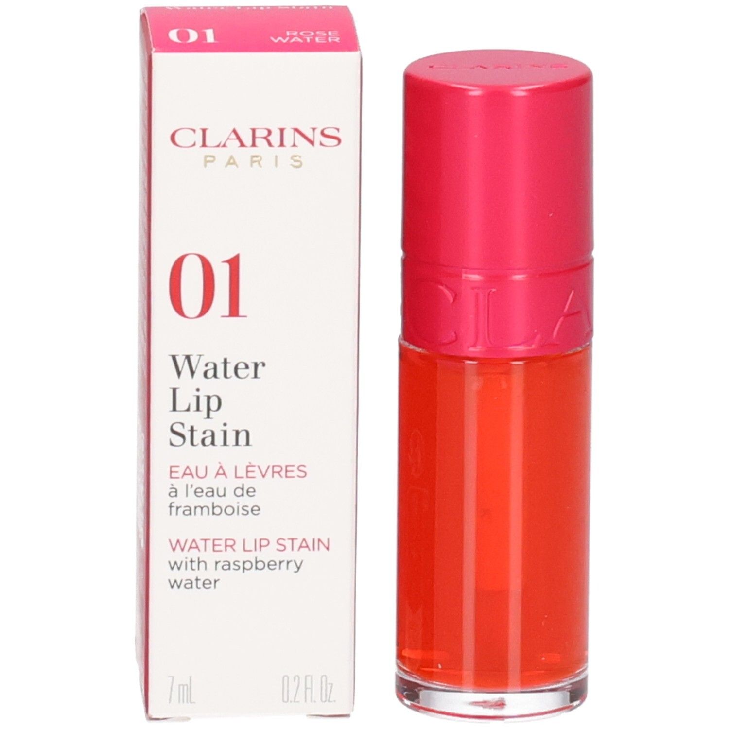 Clarins Eau à Lèvres 01, Lippenstift in leuchtendem Orange, mit pinkem Deckel und Verpackung.