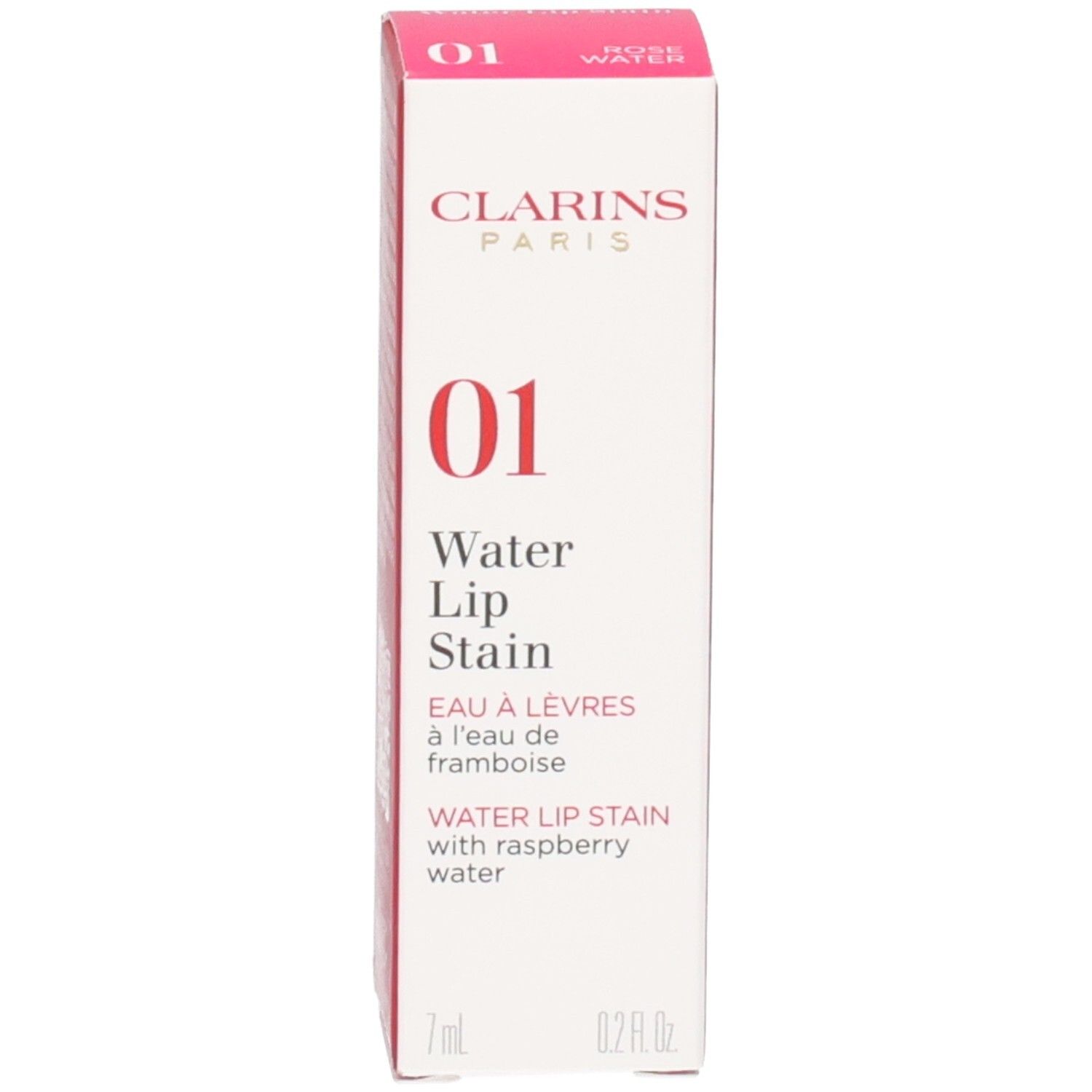 Clarins Eau à Lèvres 01, Lippenstift in leuchtendem Orange, mit pinkem Deckel und Verpackung.
