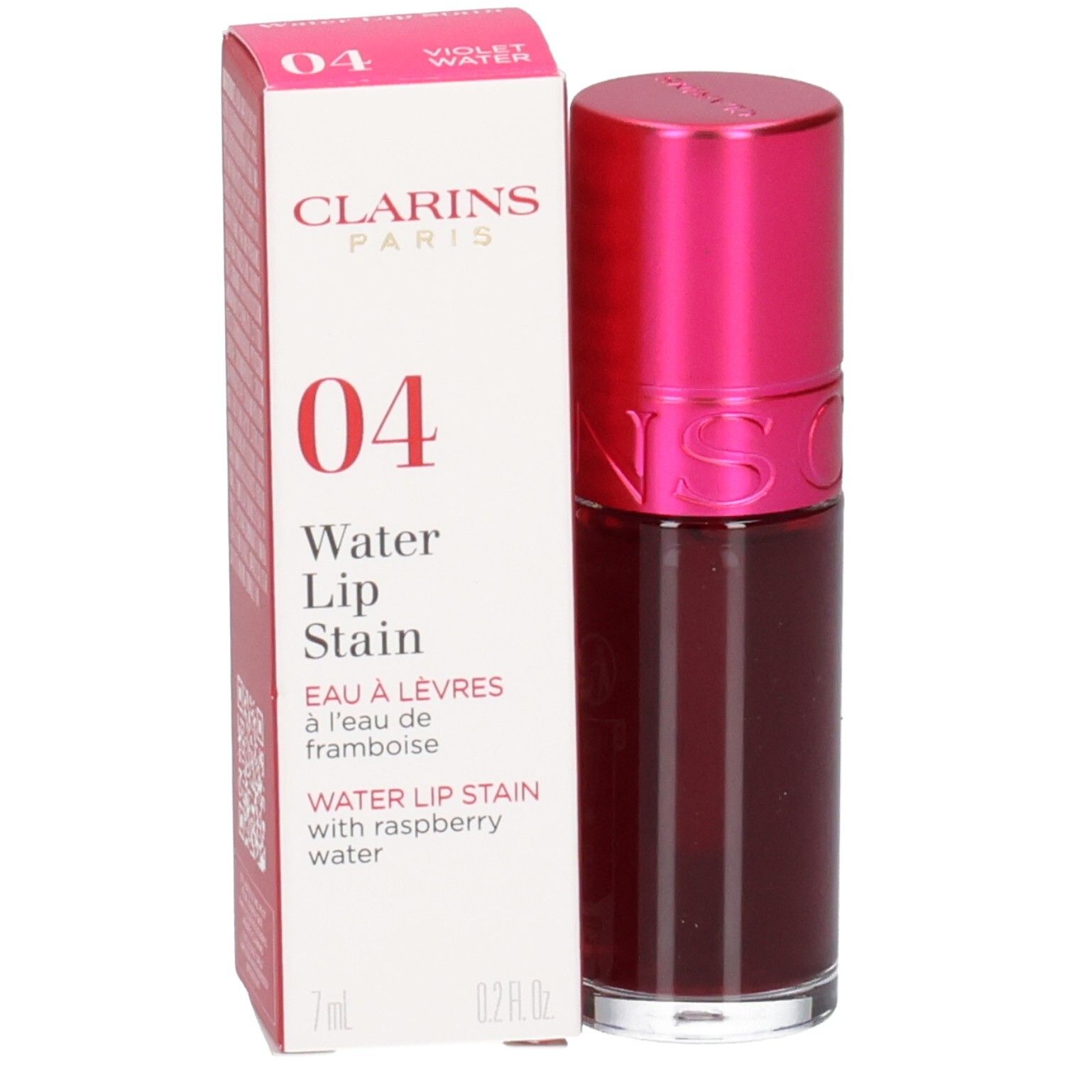 Clarins Eau à Lèvres 04, Lippen-Tönung in Himbeerwasser, 7ml. Flasche mit pinkem Deckel neben Faltschachtel.