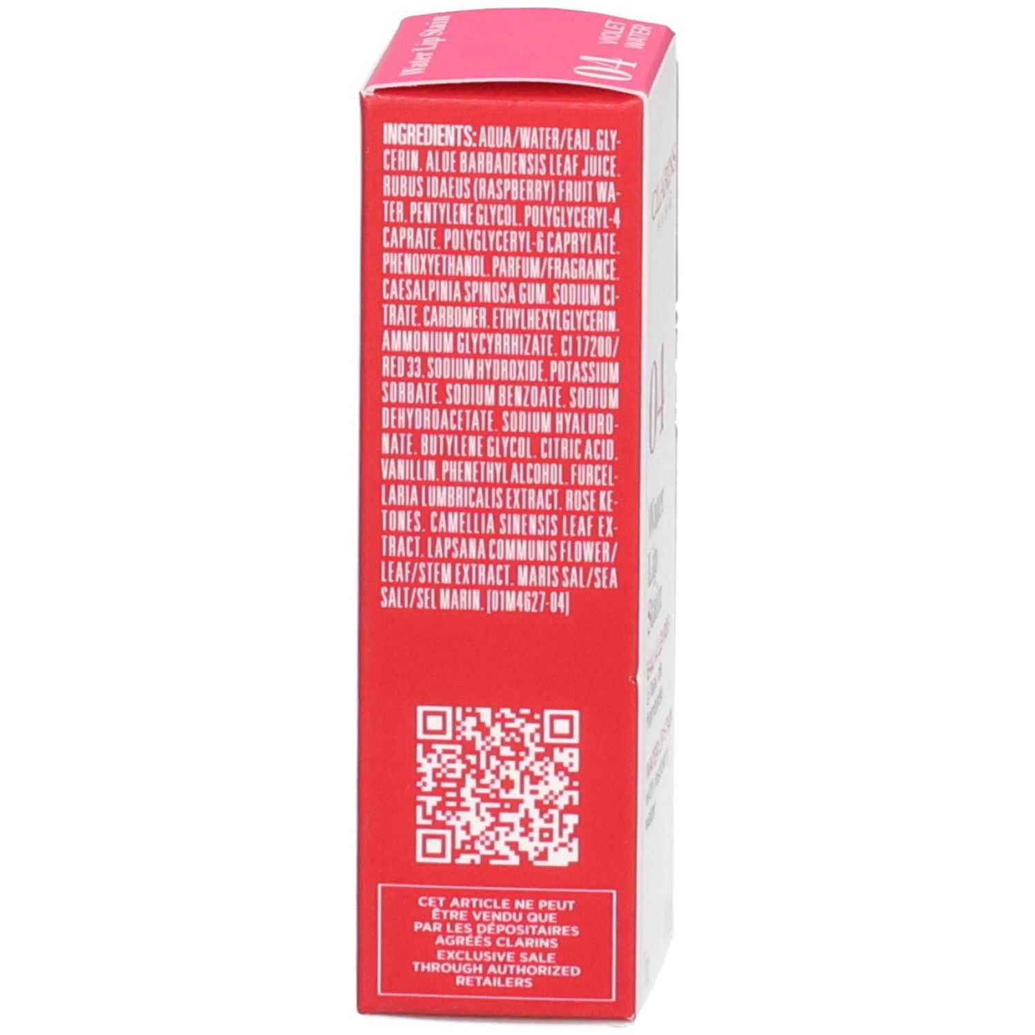 Clarins Eau à Lèvres 04, Rückseite der Faltschachtel mit Inhaltsstoffen und QR-Code. Lippen-Tönung, 7ml.