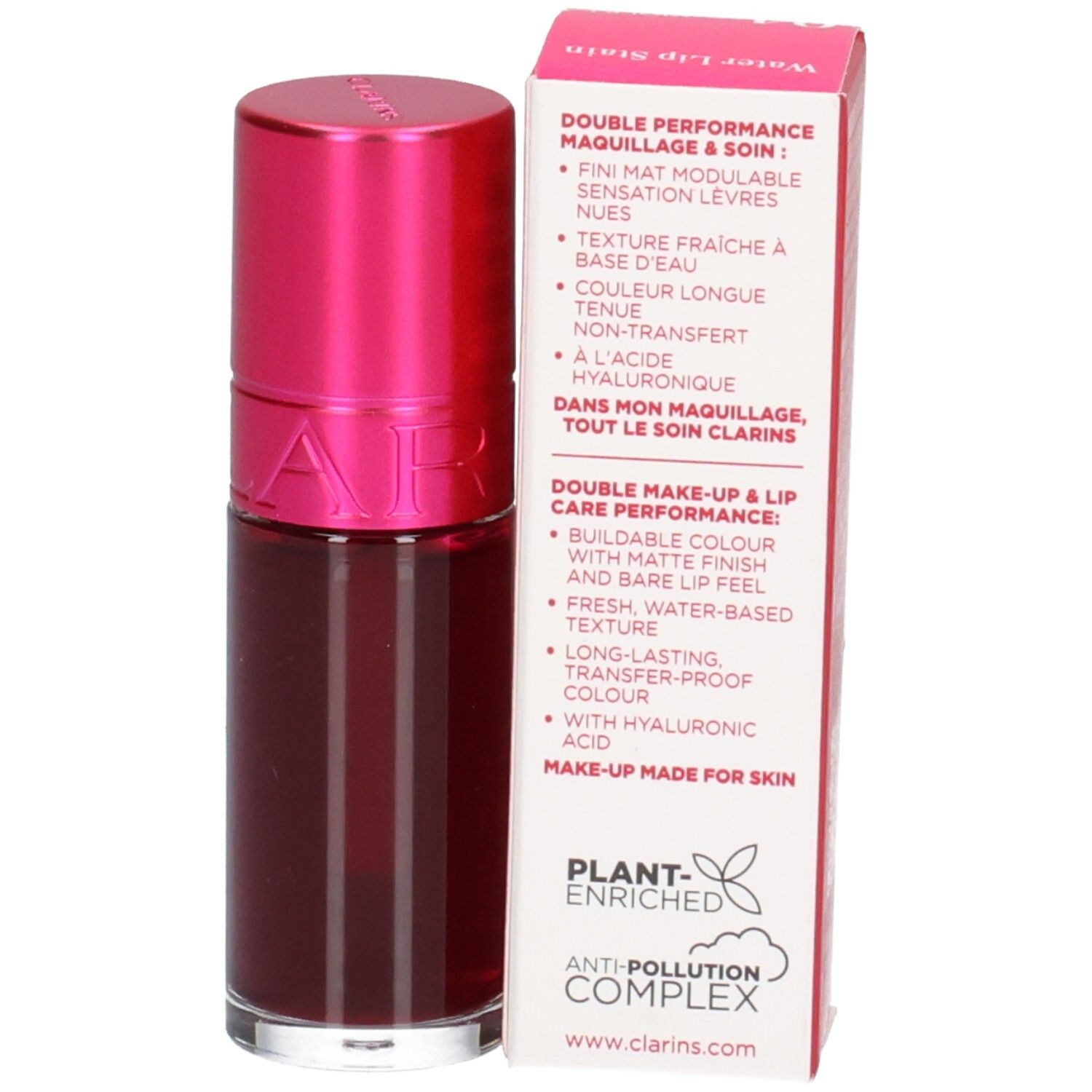 Clarins Eau à Lèvres 04, Flasche mit pinkem Deckel und Faltschachtel. Lippen-Tönung mit Himbeerwasser, 7ml.