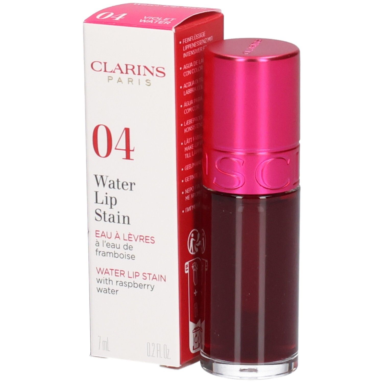 Clarins Eau à Lèvres 04, Lippen-Tönung in Himbeerwasser, 7ml. Flasche mit pinkem Deckel neben Faltschachtel.