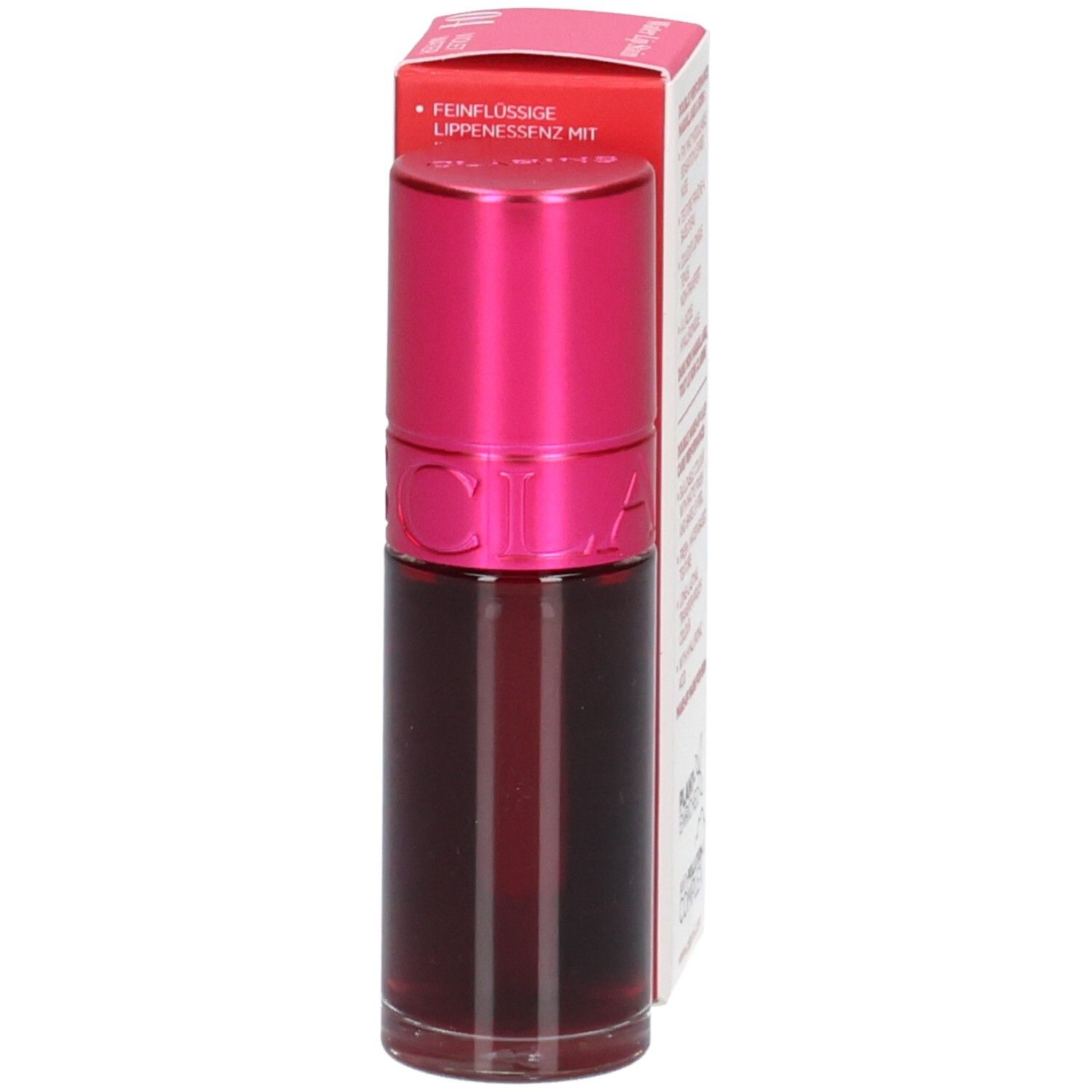 Clarins Eau à Lèvres 04, Seitenansicht der Flasche mit pinkem Deckel und Faltschachtel. Lippen-Tönung, 7ml.