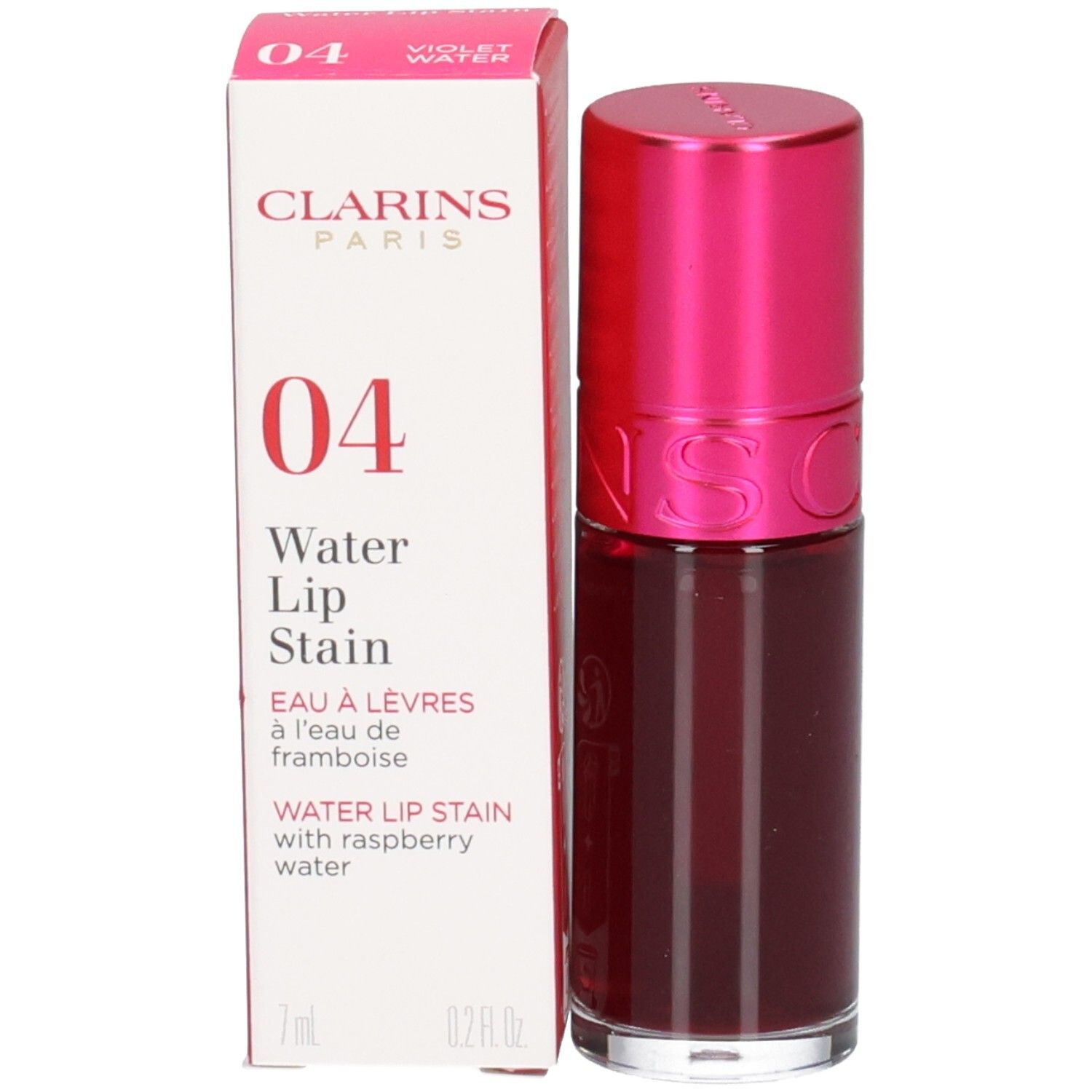 Clarins Eau à Lèvres 04, Lippen-Tönung in Himbeerwasser, 7ml. Flasche mit pinkem Deckel neben Faltschachtel.