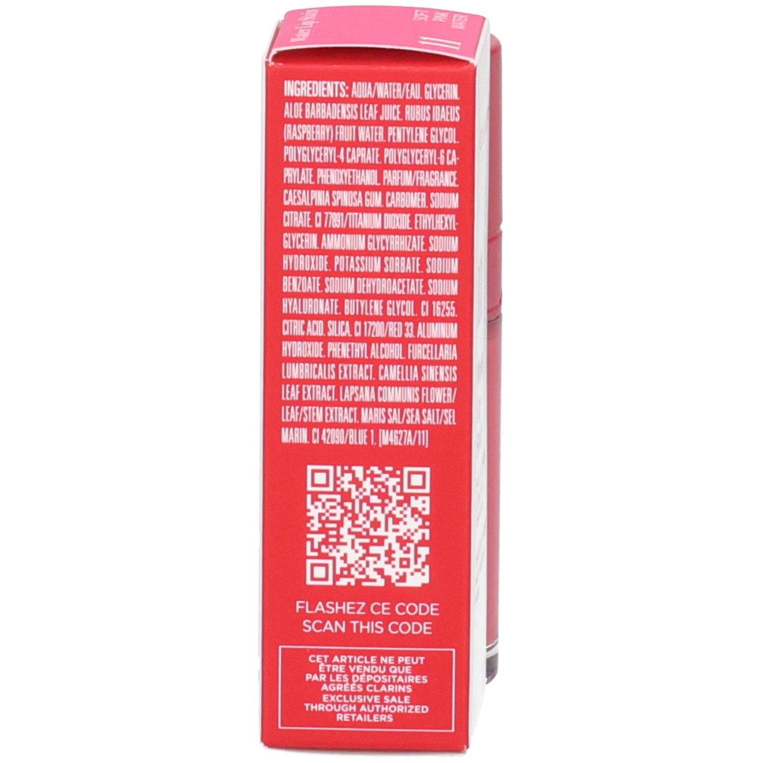 Clarins Eau à Lèvres 11, Rückseite der Verpackung mit Inhaltsstoffen und QR-Code.