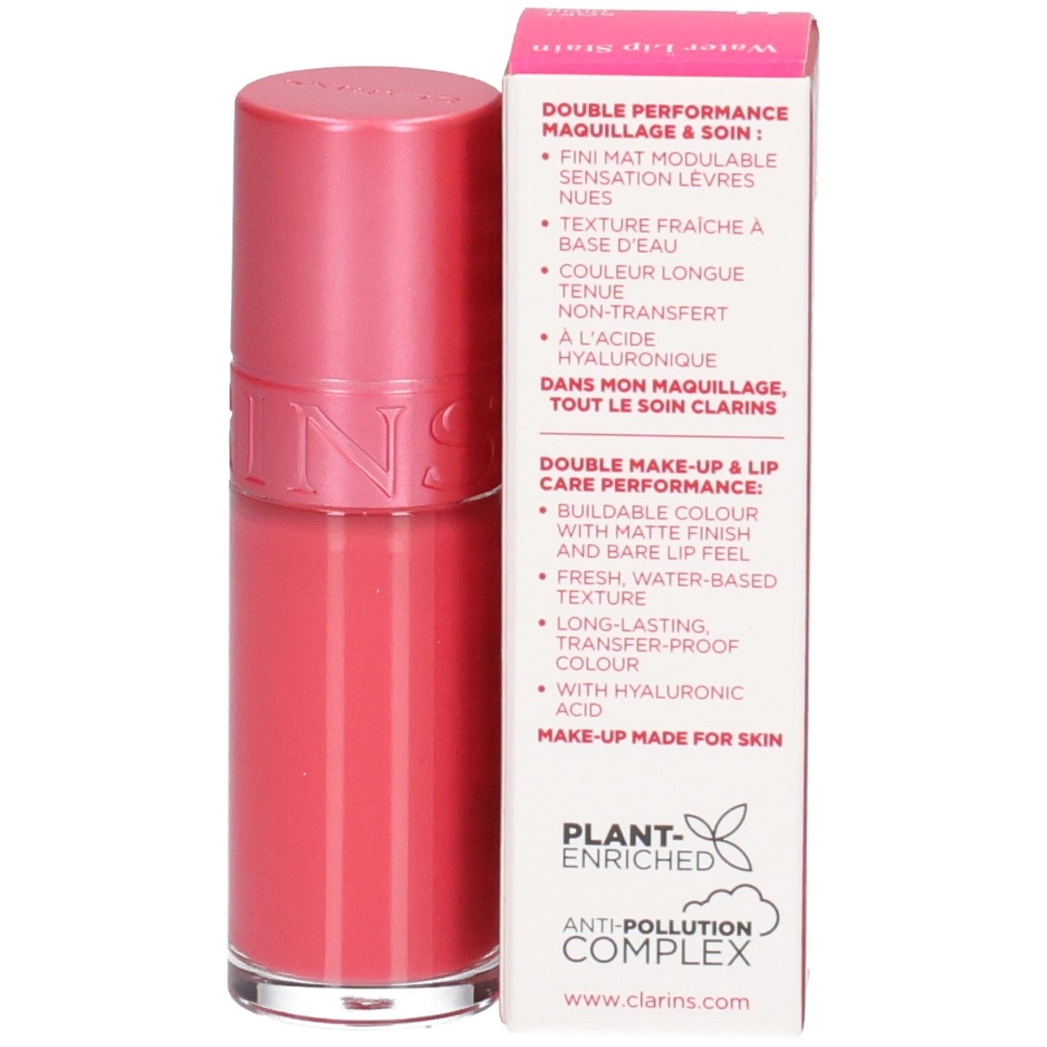 Clarins Eau à Lèvres 11, Lippenstift in Rosa, Seite der Verpackung mit Produktmerkmalen.