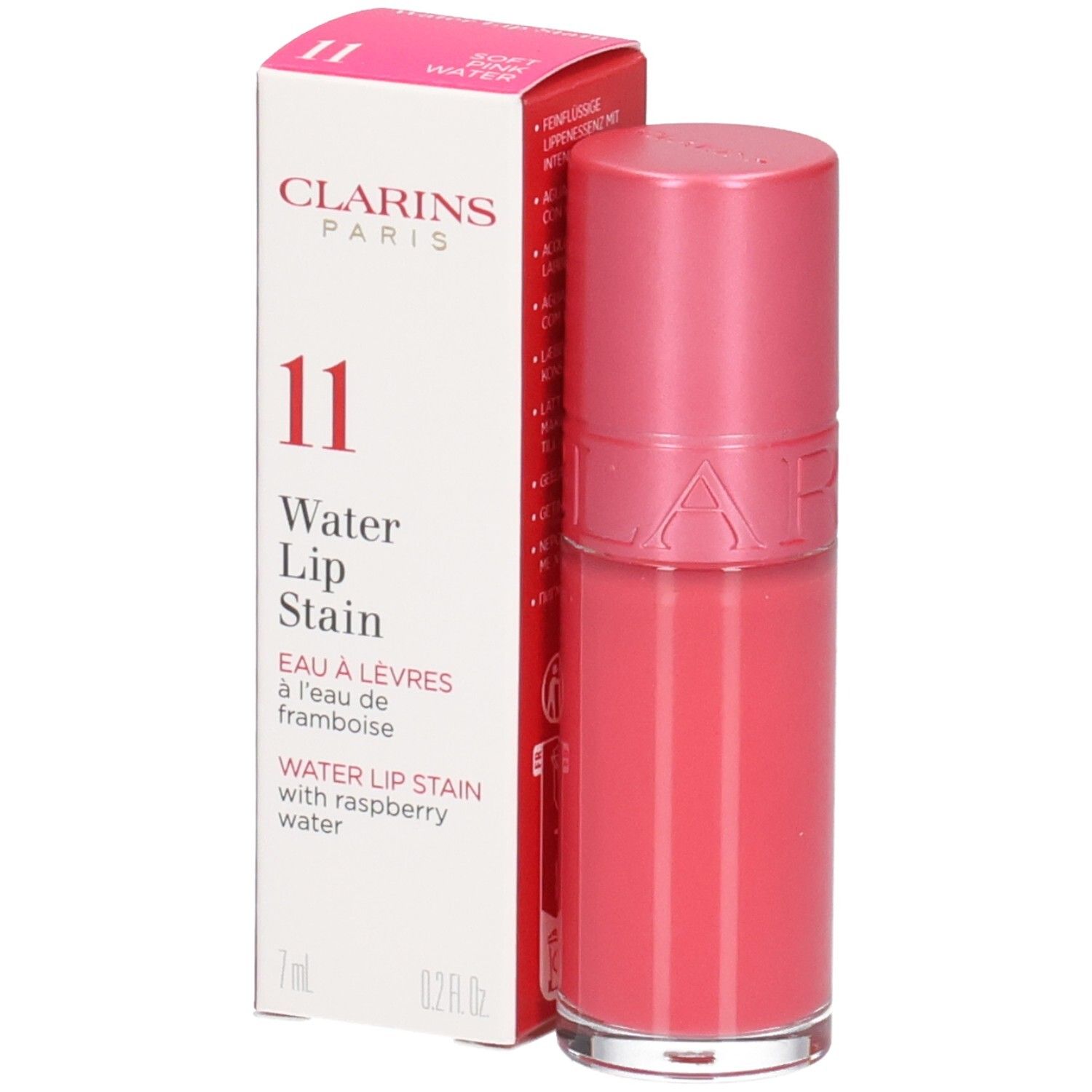 Clarins Eau à Lèvres 11, Lippenstift in Rosa mit Schachtel.