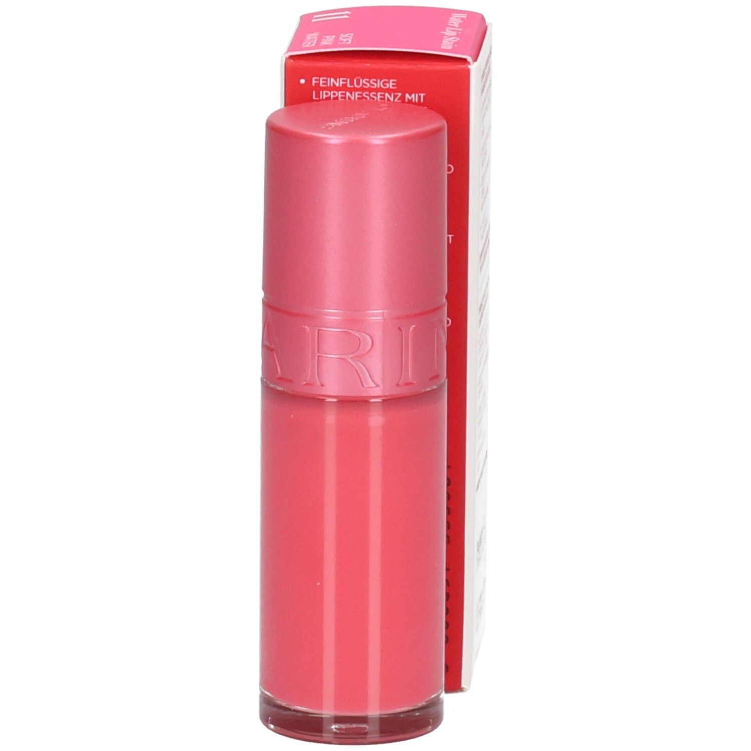 Clarins Eau à Lèvres 11, Lippenstift in Rosa, Seite der Verpackung mit Produktmerkmalen.
