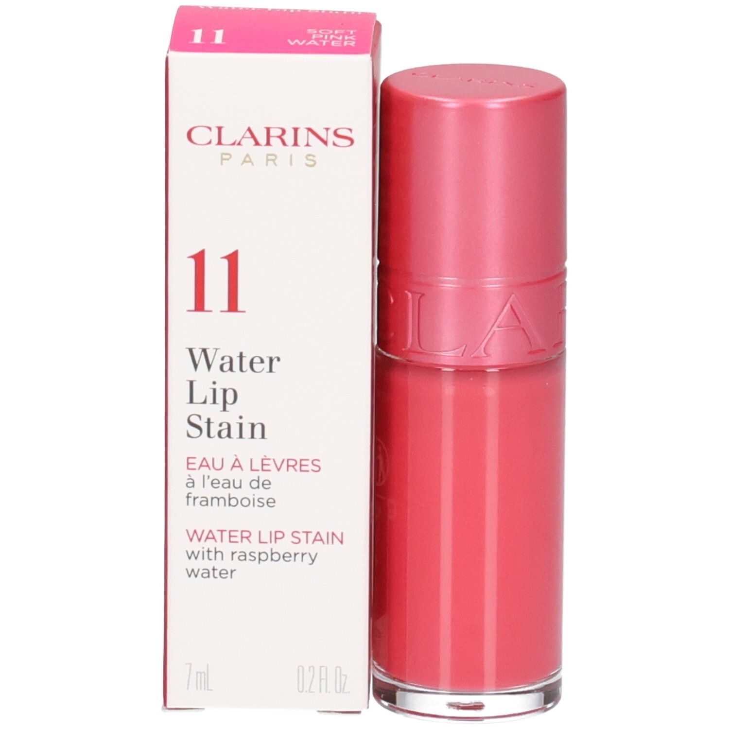 Clarins Eau à Lèvres 11, Lippenstift in Rosa mit Schachtel.