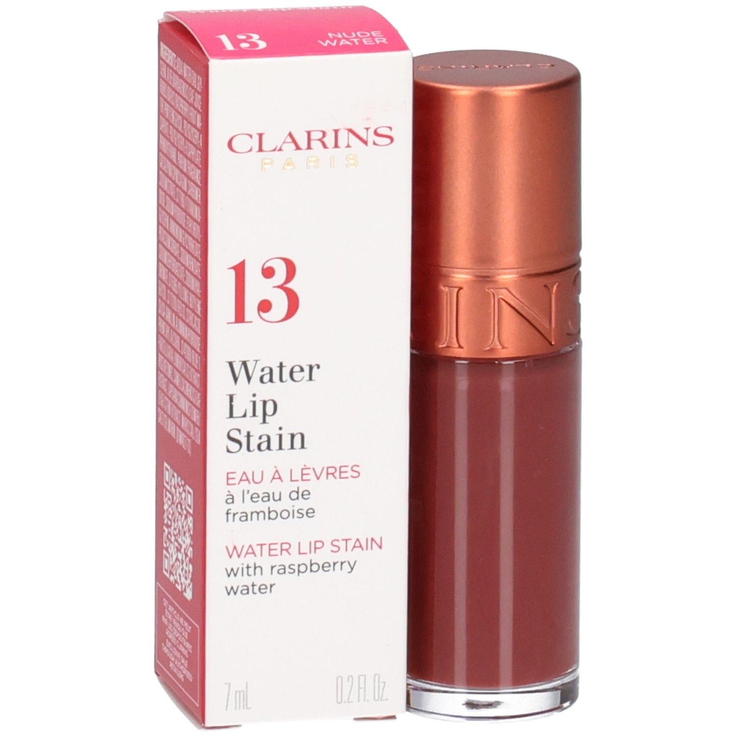 Clarins Eau à Lèvres 13, Lippenstift in Rosé-Wasser-Farbton, mit Himbeerwasser.