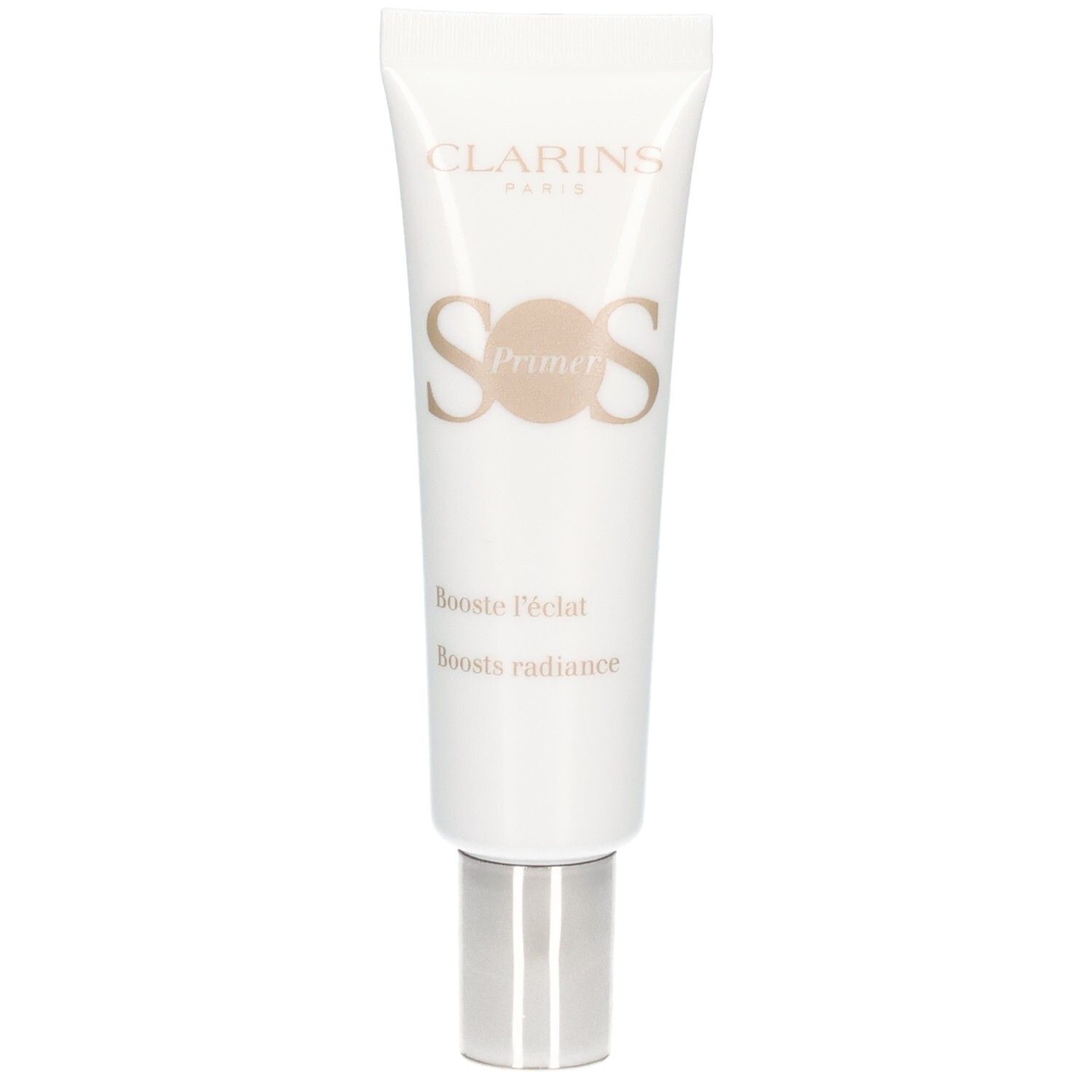 Clarins SOS Primer in weißer Tube mit silbernem Verschluss. Text: SOS Primer, Boosts radiance.