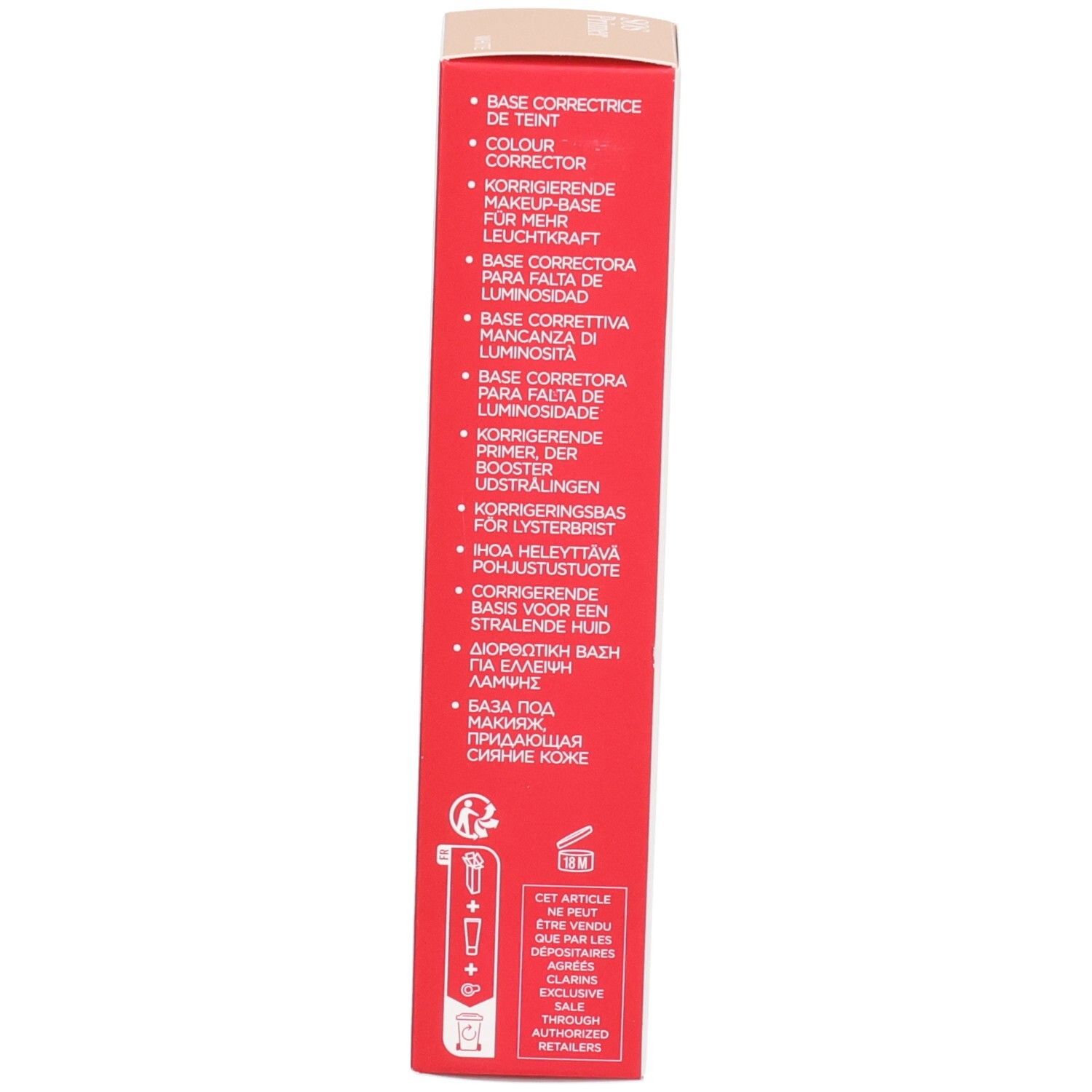 Rote Verpackung mit mehrsprachigen Produktbeschreibungen und Anwendungssymbolen.